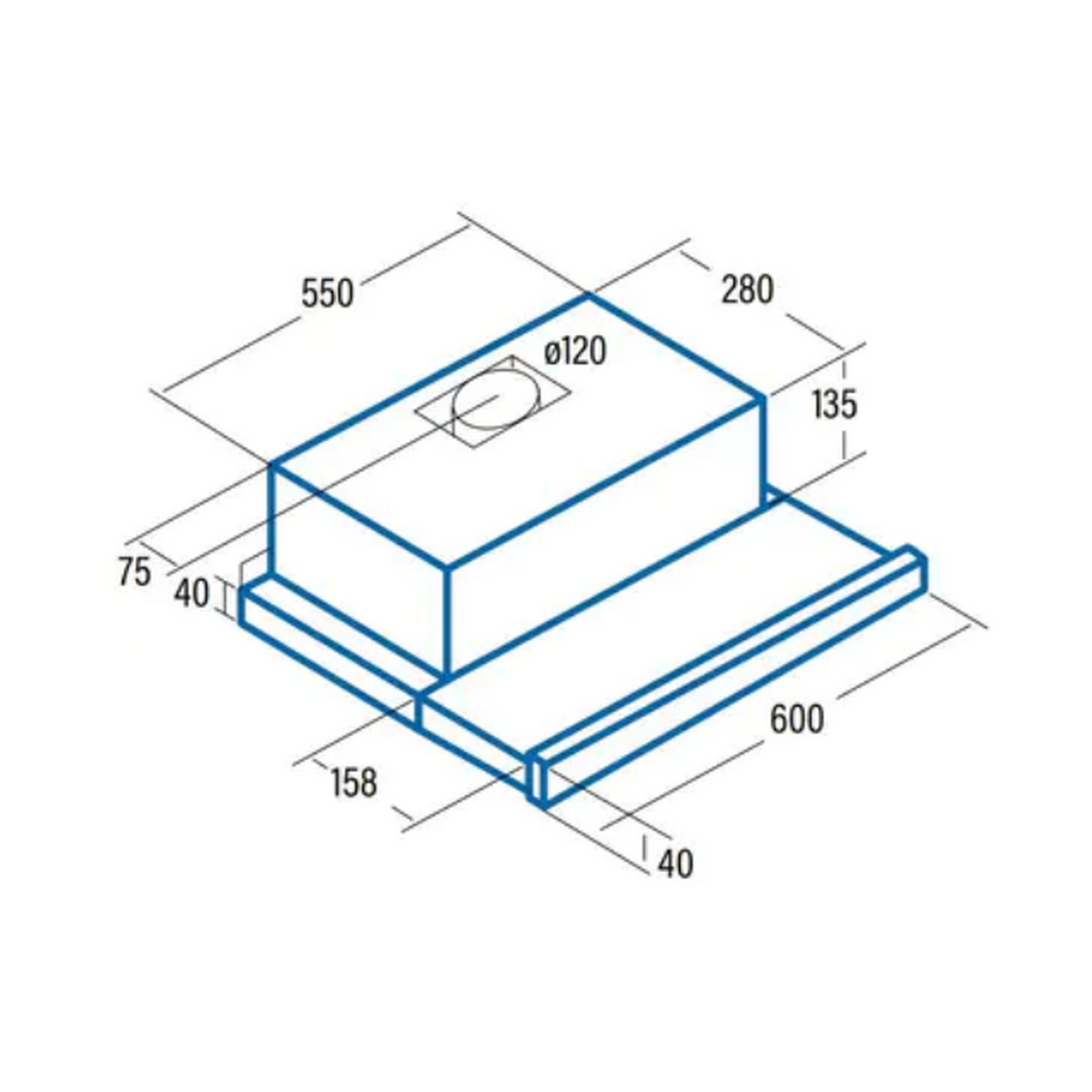 Dibujo isométrico de una campana extractora con dimensiones en milímetros.