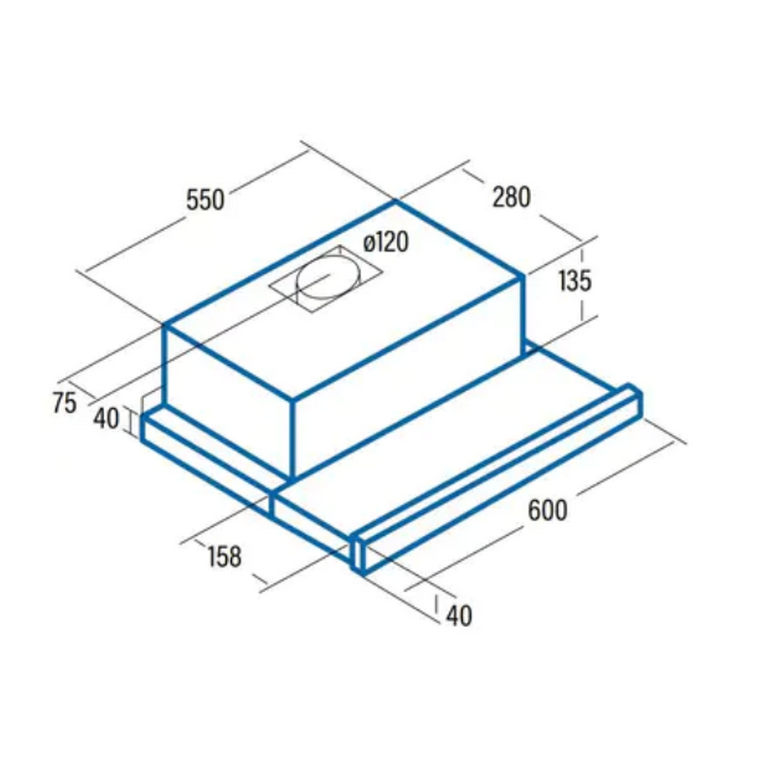 Dibujo técnico de una campana extractora con dimensiones. Líneas azules sobre fondo blanco.