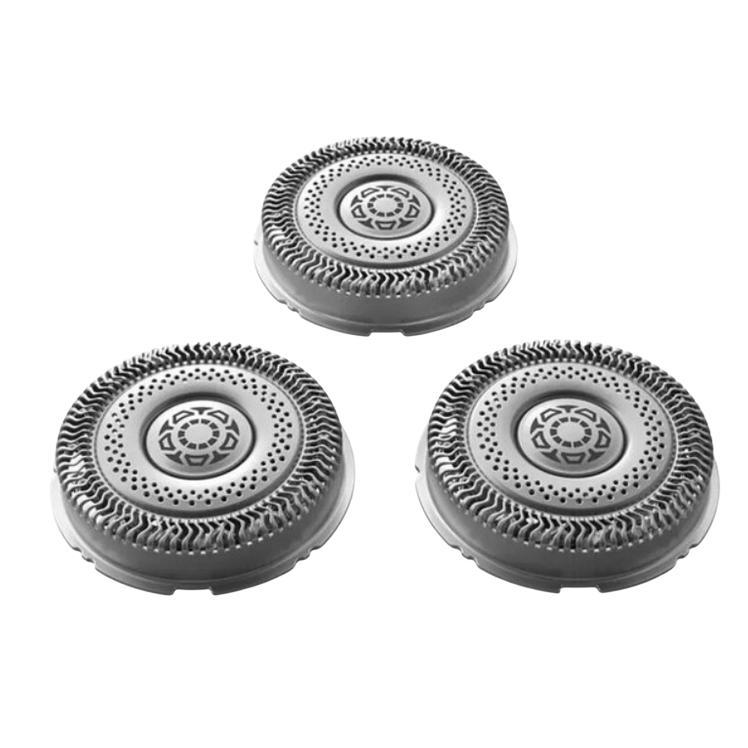 Tres cabezales de afeitadora plateados. Cada uno tiene forma circular con superficie texturizada y diseño central.