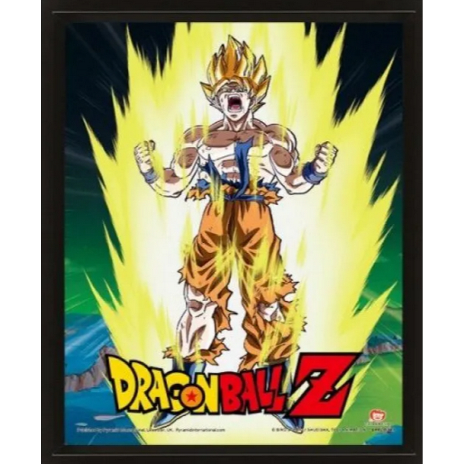 Personaje de anime, pelo rubio, ropa naranja y azul, fondo de energía amarilla, logo Dragon Ball Z.