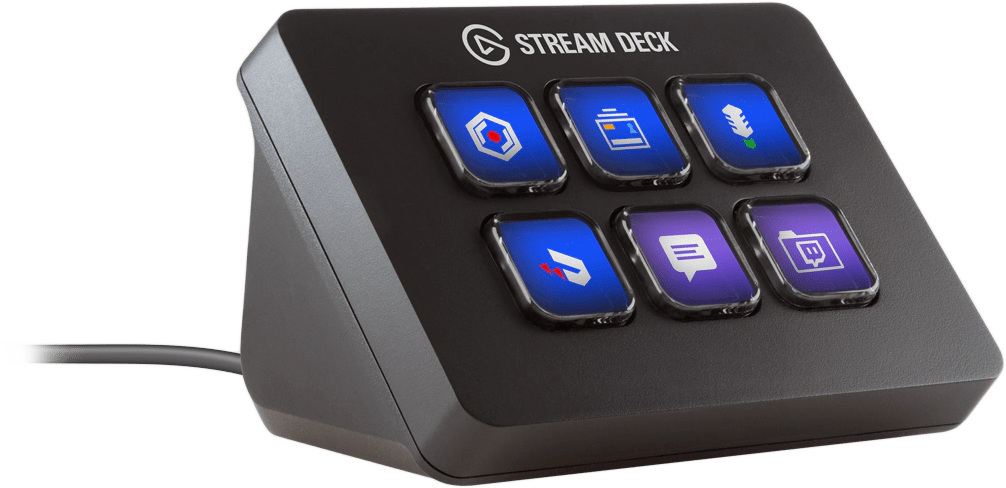 Fekete Stream Deck hat testreszabható gombbal. A gombok különböző ikonokat mutatnak, beleértve egy fogaskereket és egy csevegőbuborékot.