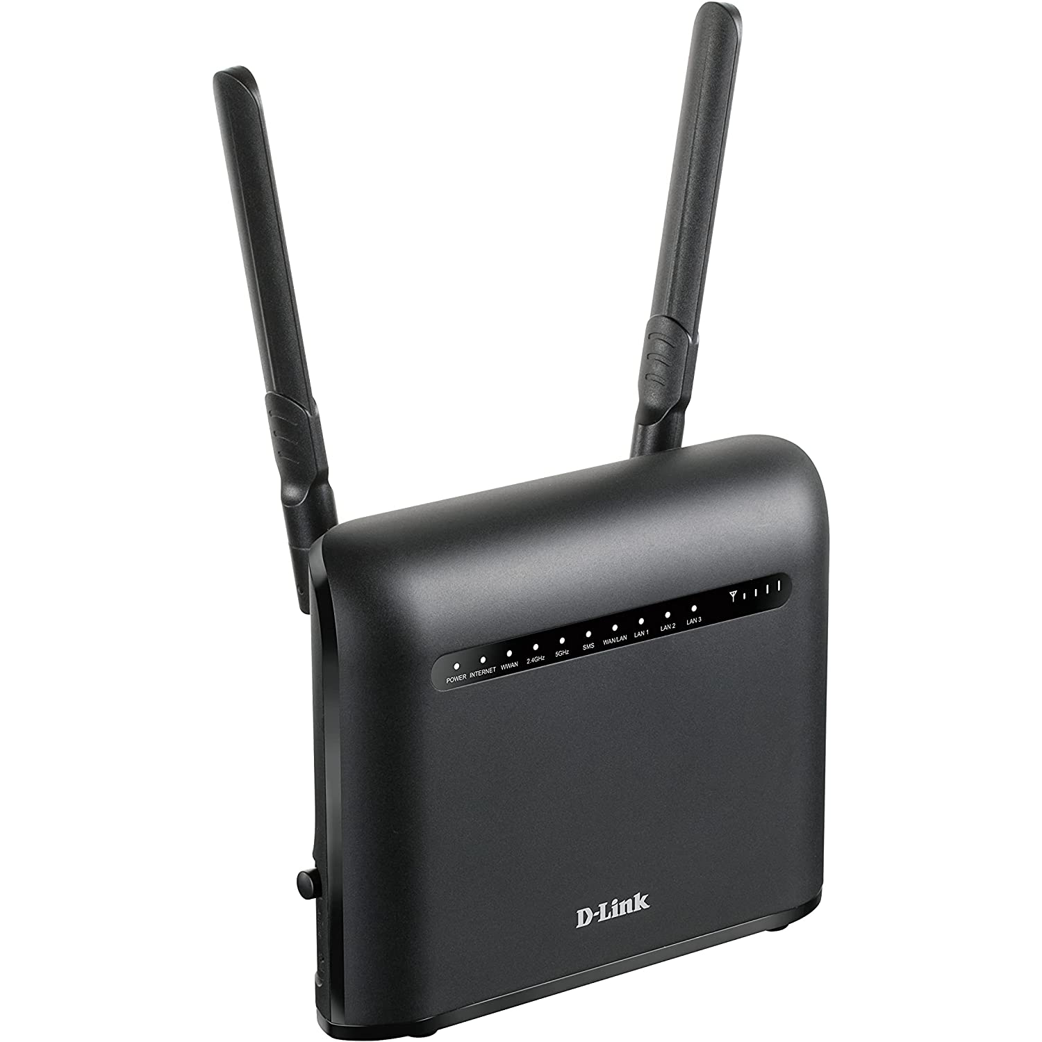 Un router D-Link negro con dos antenas. Tiene luces de encendido, internet e inalámbricas. Fondo blanco.