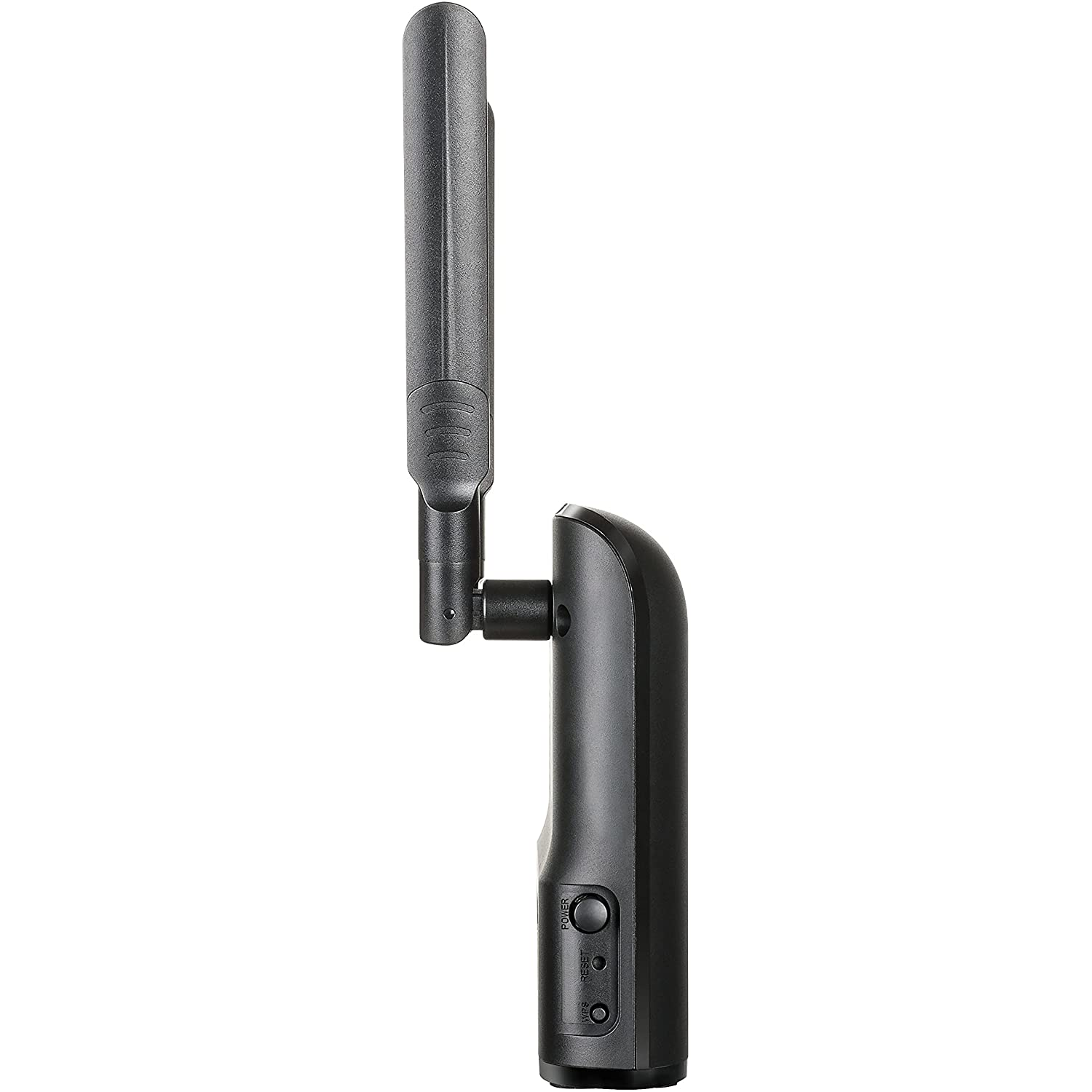 Una antena negra con base, probablemente para un dispositivo inalámbrico.