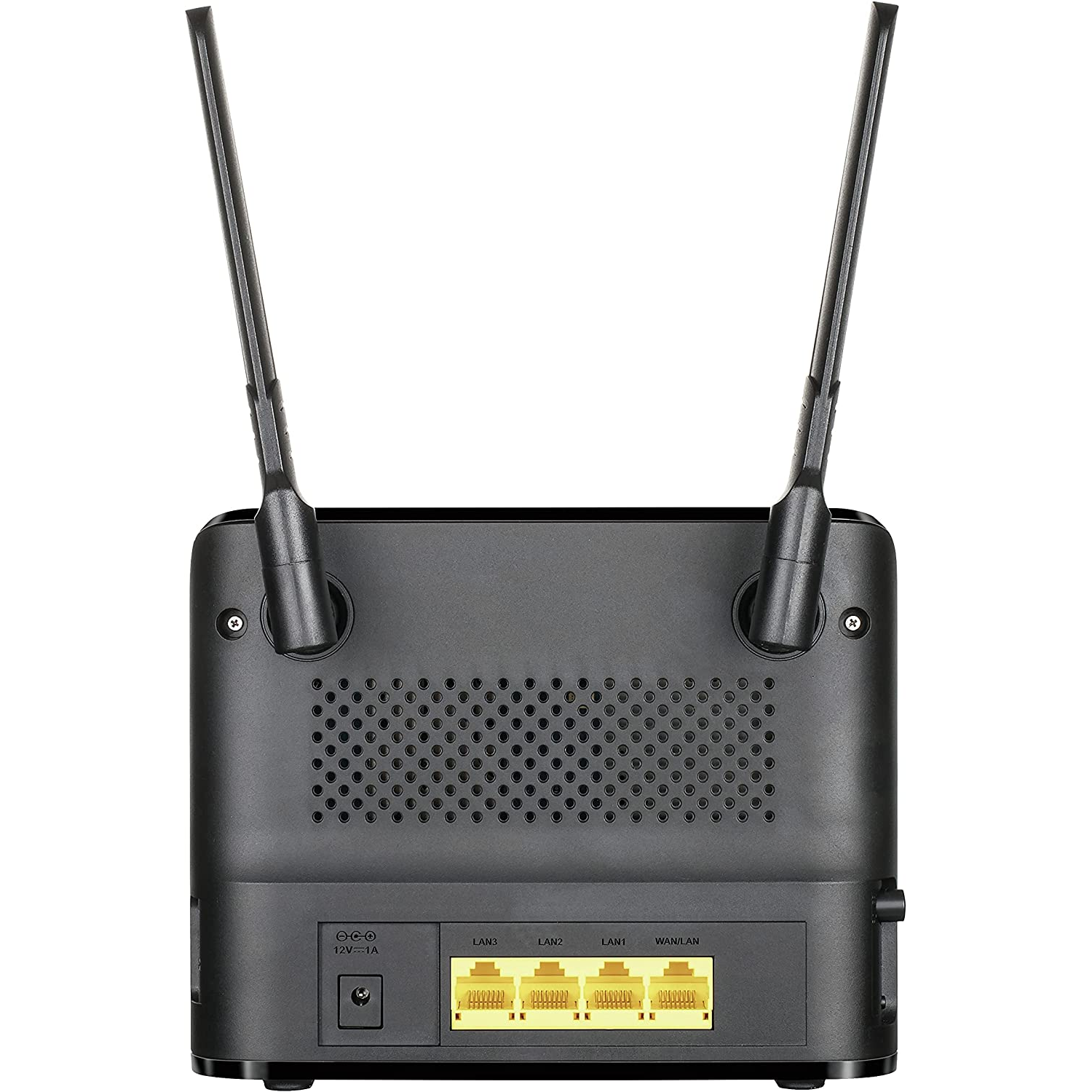 Router negro con dos antenas y varios puertos Ethernet amarillos.