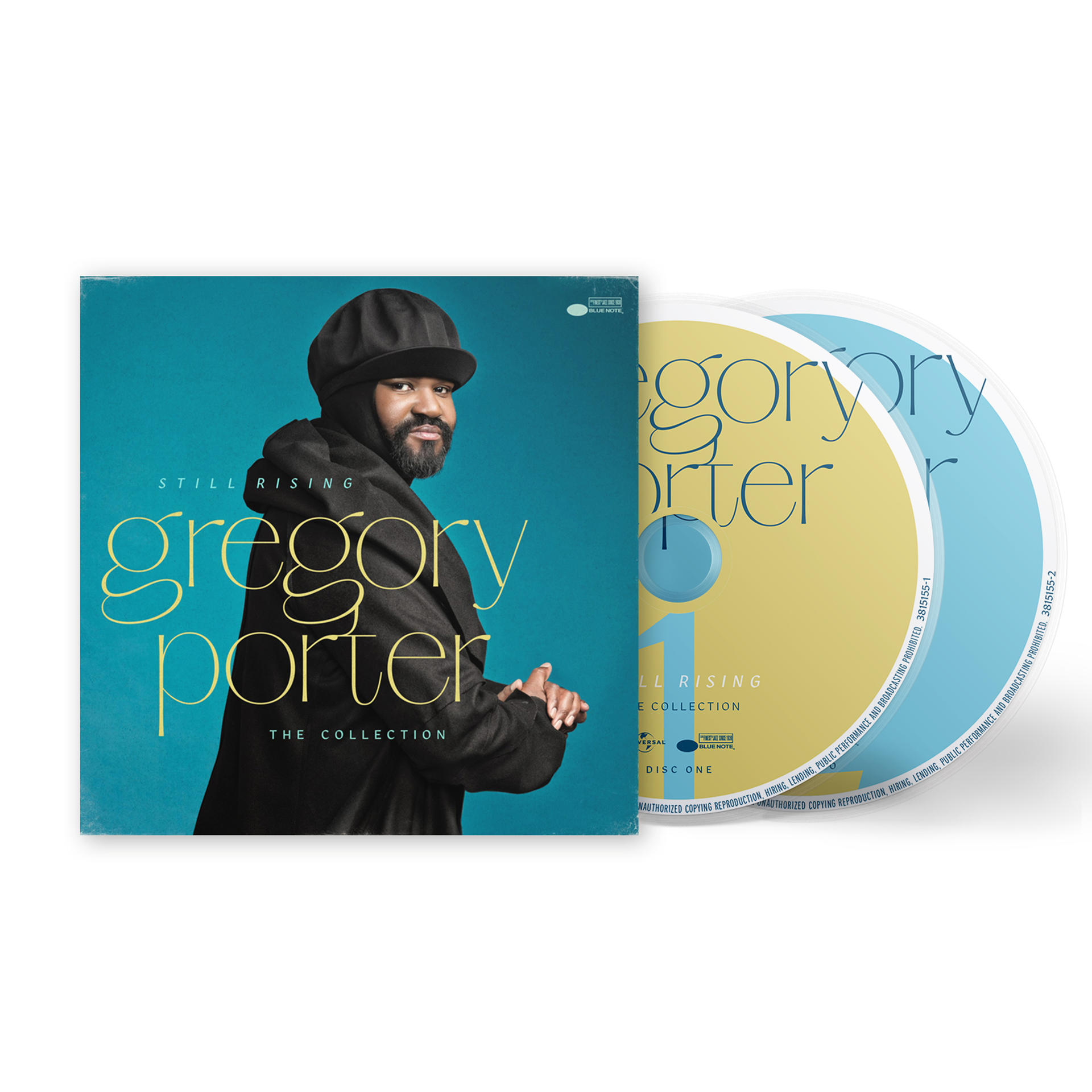 Gregory Porter 'Still Rising' albumának borítója. Porter fekete kabátban, kék-sárga háttérrel.