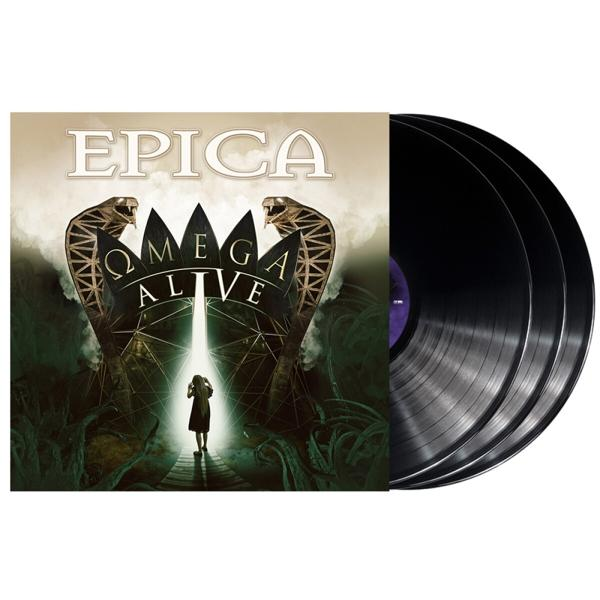 Az Epica Omega Alive albumborítója egy nő képével, aki egy boltívben egy fény felé sétál.