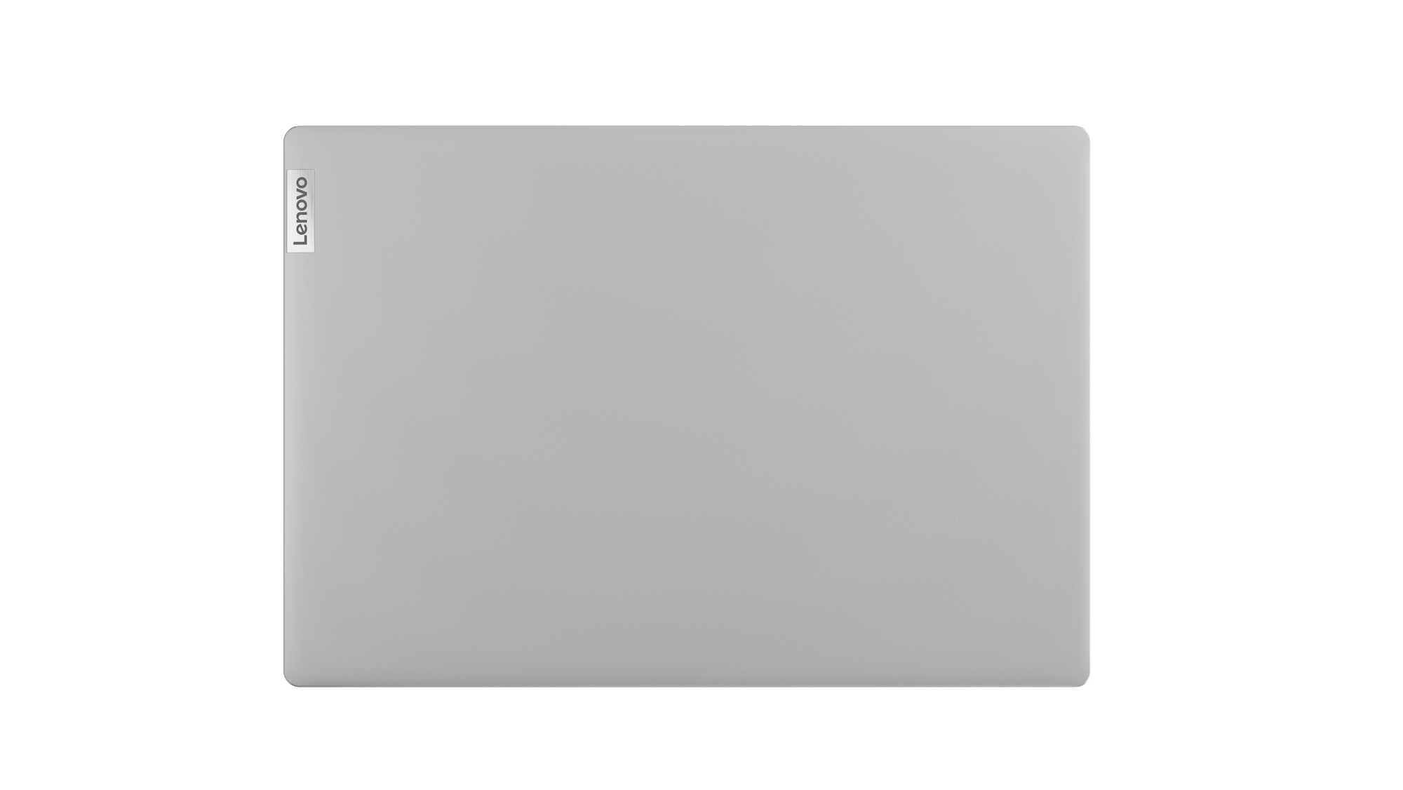 Ein grauer Lenovo-Laptop, geschlossen und von oben betrachtet, vor weißem Hintergrund.