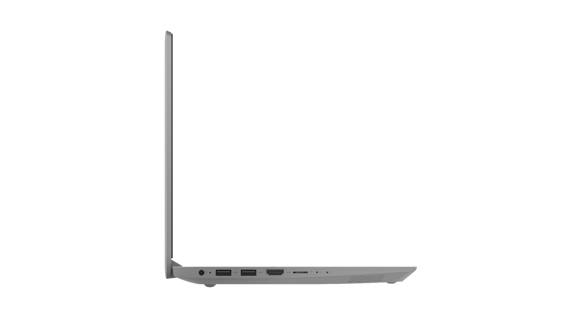 Seitenansicht eines grauen Laptops mit Anschlüssen.