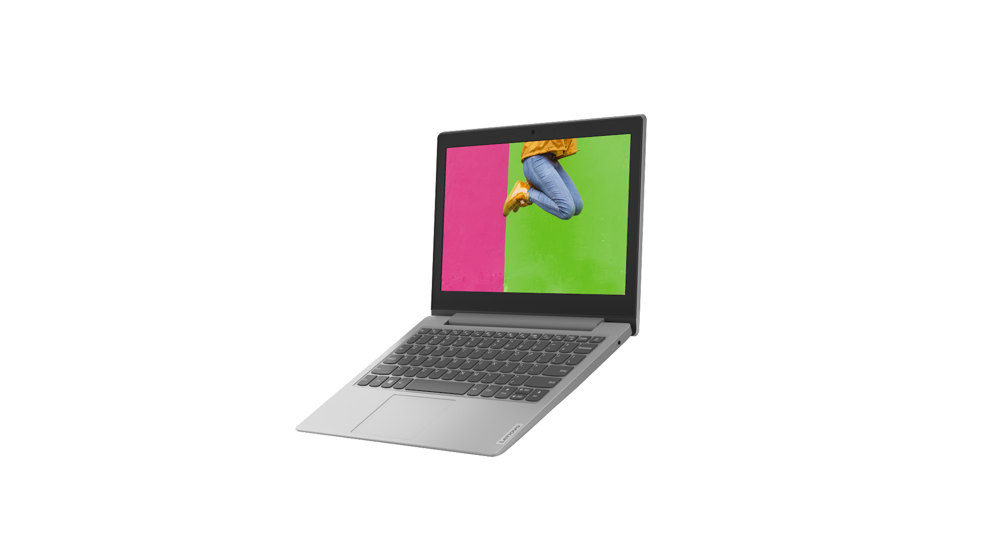 Silberner Laptop auf weißem Hintergrund. Der Bildschirm zeigt eine springende Person.