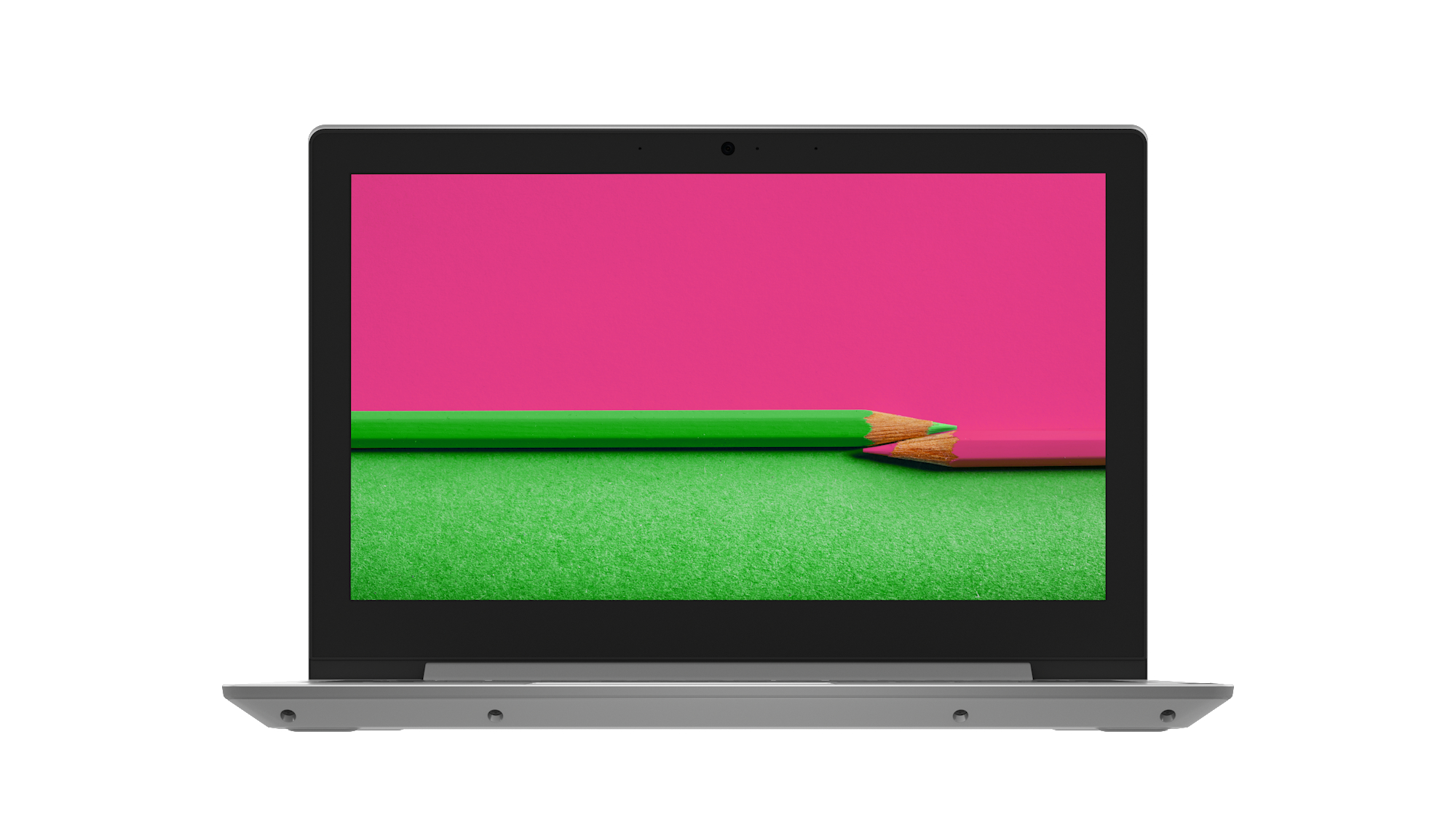 Laptop-Bildschirm zeigt grüne und rosa Bleistifte auf grünem und rosa Hintergrund.