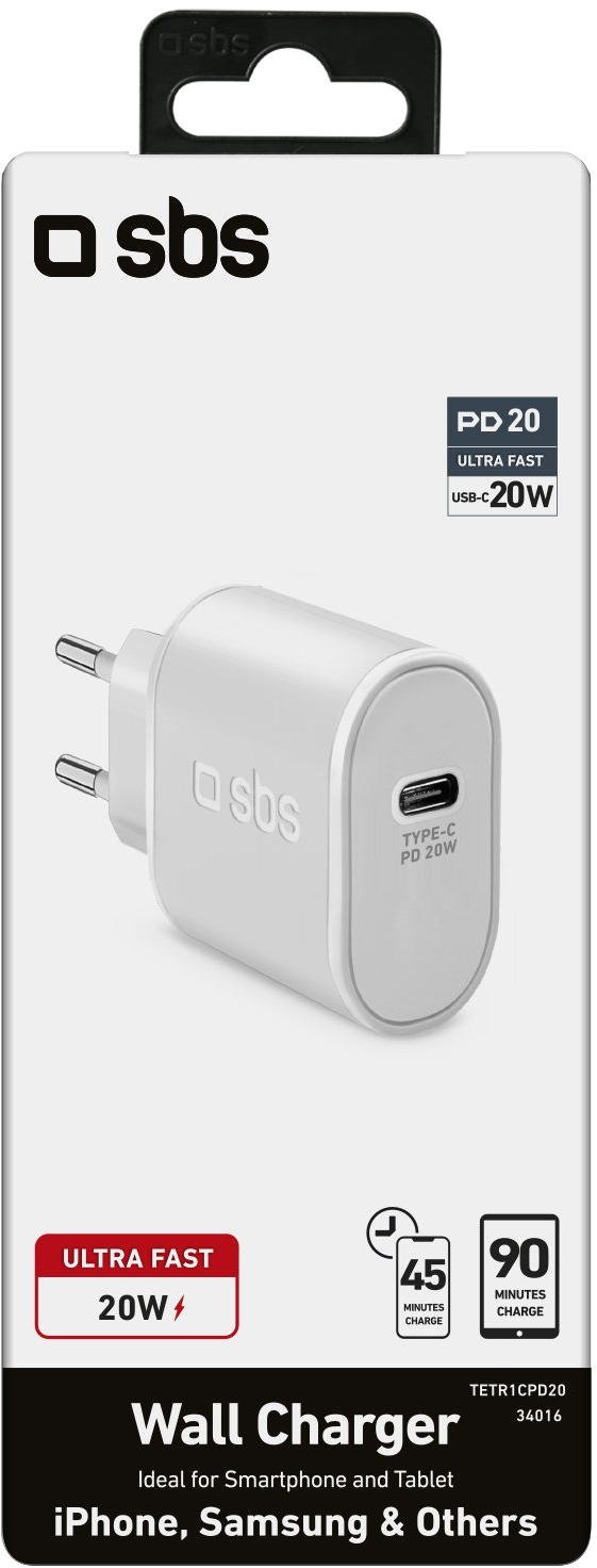 Weißes SBS 20W-Wandladegerät in Verpackung, mit Produktdetails und Symbolen.