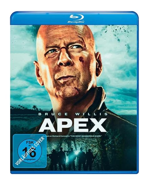 Apex Blu-ray-Cover. Bruce Willis' Gesicht ist zu sehen. Der Titel steht in großen weißen Buchstaben.