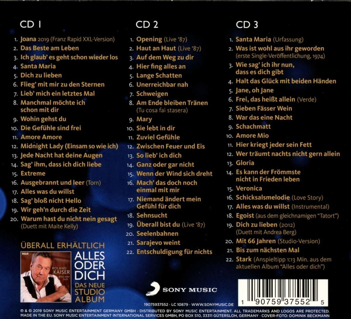Ein CD-Cover mit Titellisten. Der Albumtitel ist Alles Oder Dich von Roland Kaiser.