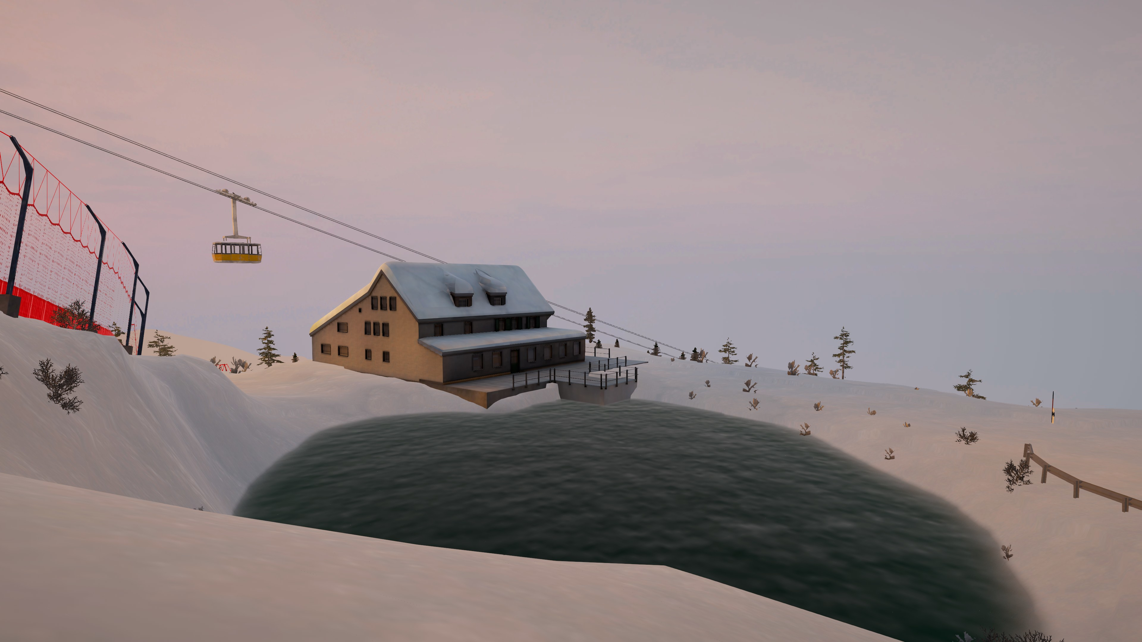 Verschneite Berglandschaft mit Gebäude, Skilift und kleinem See.