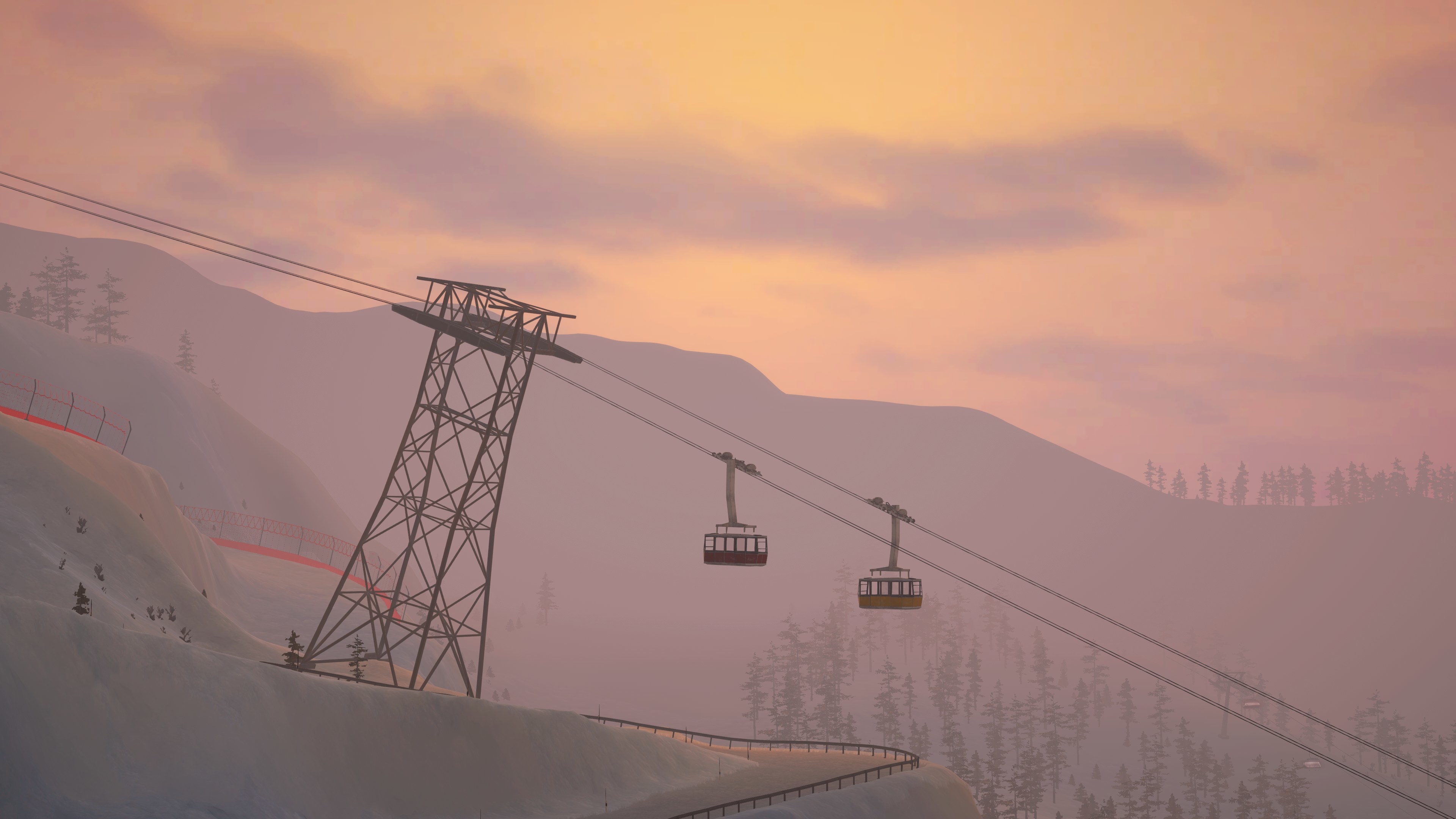 Seilbahn über schneebedeckten Bergen bei Sonnenuntergang mit einem rosa-orangenen Himmel.