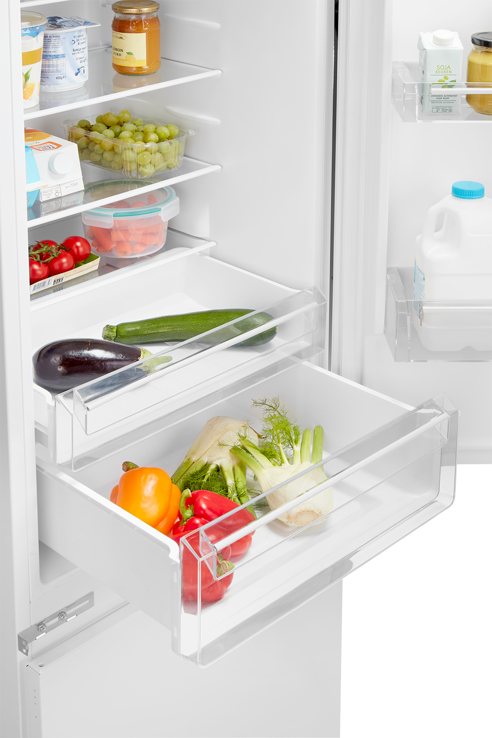 Open refrigerator with vegetable drawers. Peppers, zucchini, and eggplant are visible.