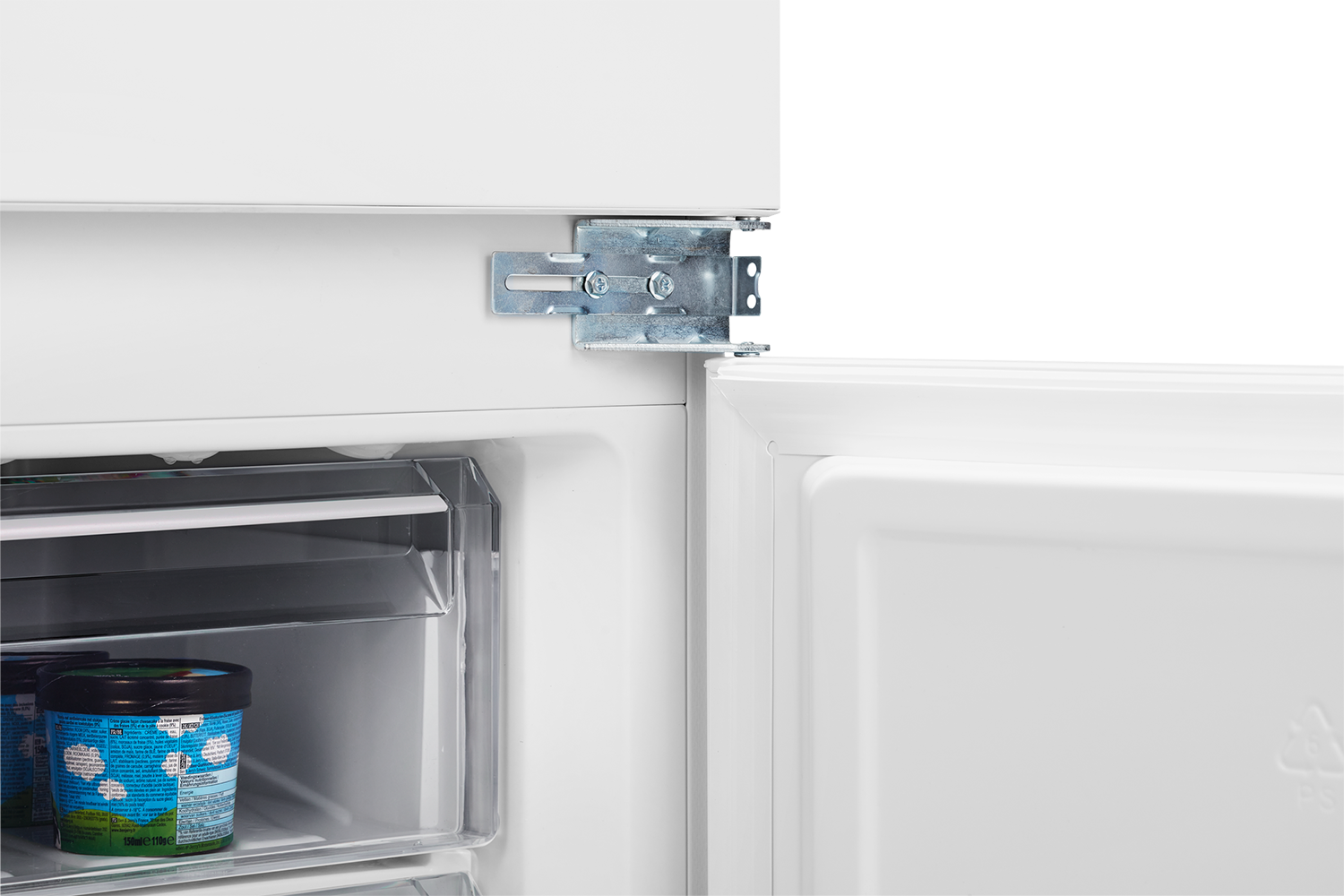 Close-up of a refrigerator interior, showing a partially opened door revealing shelves and ice cream.