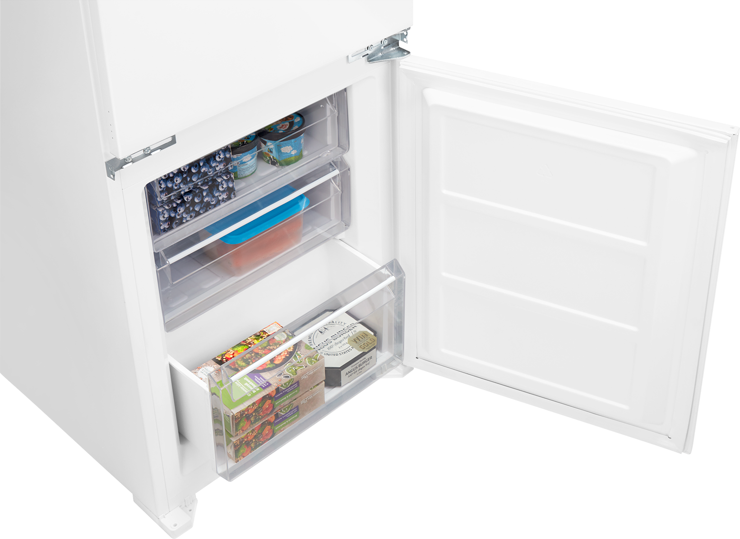 White refrigerator with open freezer. Drawers contain food items.