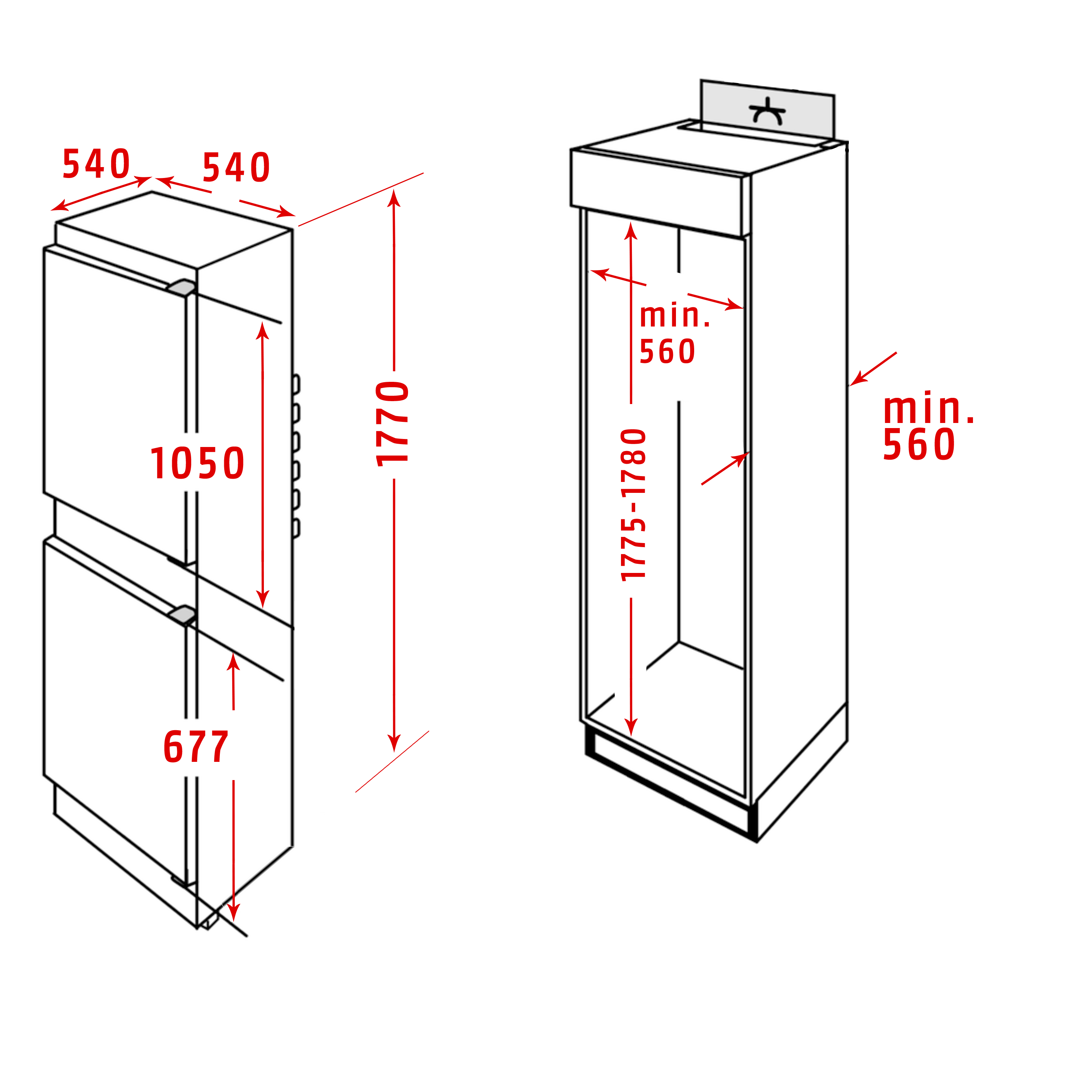 A diagram with measurements of a built-in refrigerator. It shows height, width, and depth dimensions.