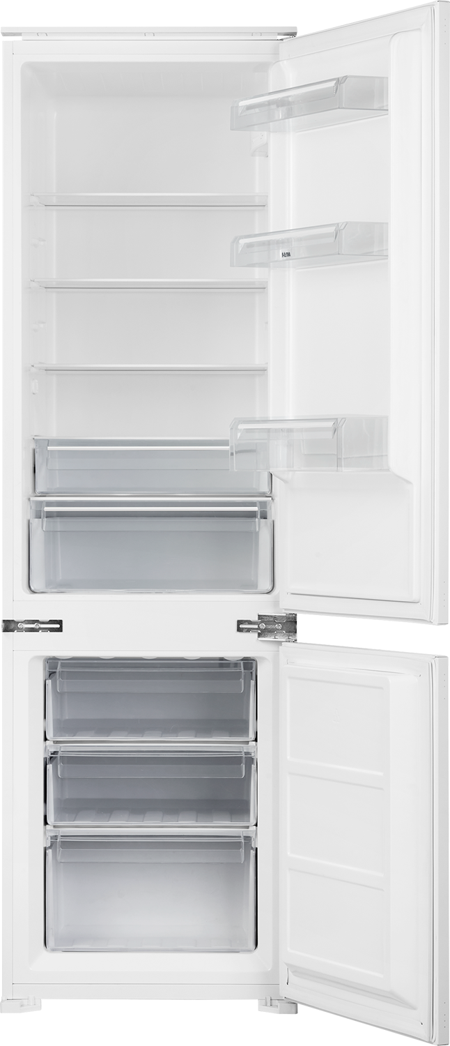 White, open refrigerator with shelves and drawers. One door is open.