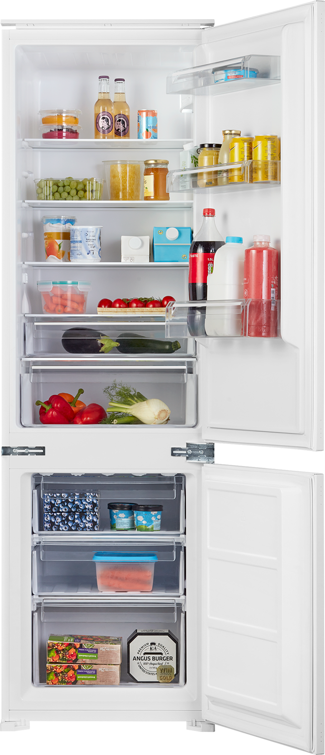A white refrigerator with open doors, stocked with food and drinks.