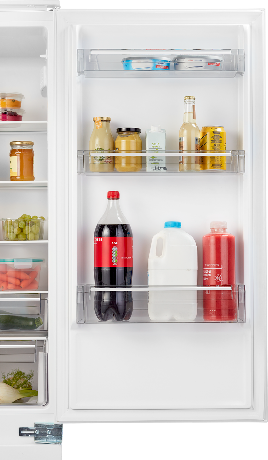 Open refrigerator shelves. Jars, drinks, vegetables, and a bottle of soda are visible in the fridge.