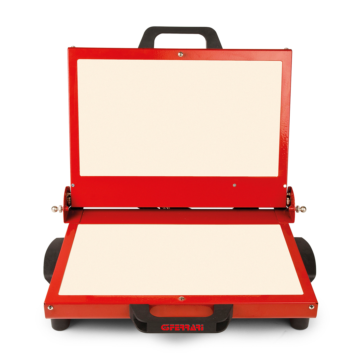 Tavolo da disegno rosso e bianco a marchio Ferrari con due superfici beige. Maniglie nere in alto.