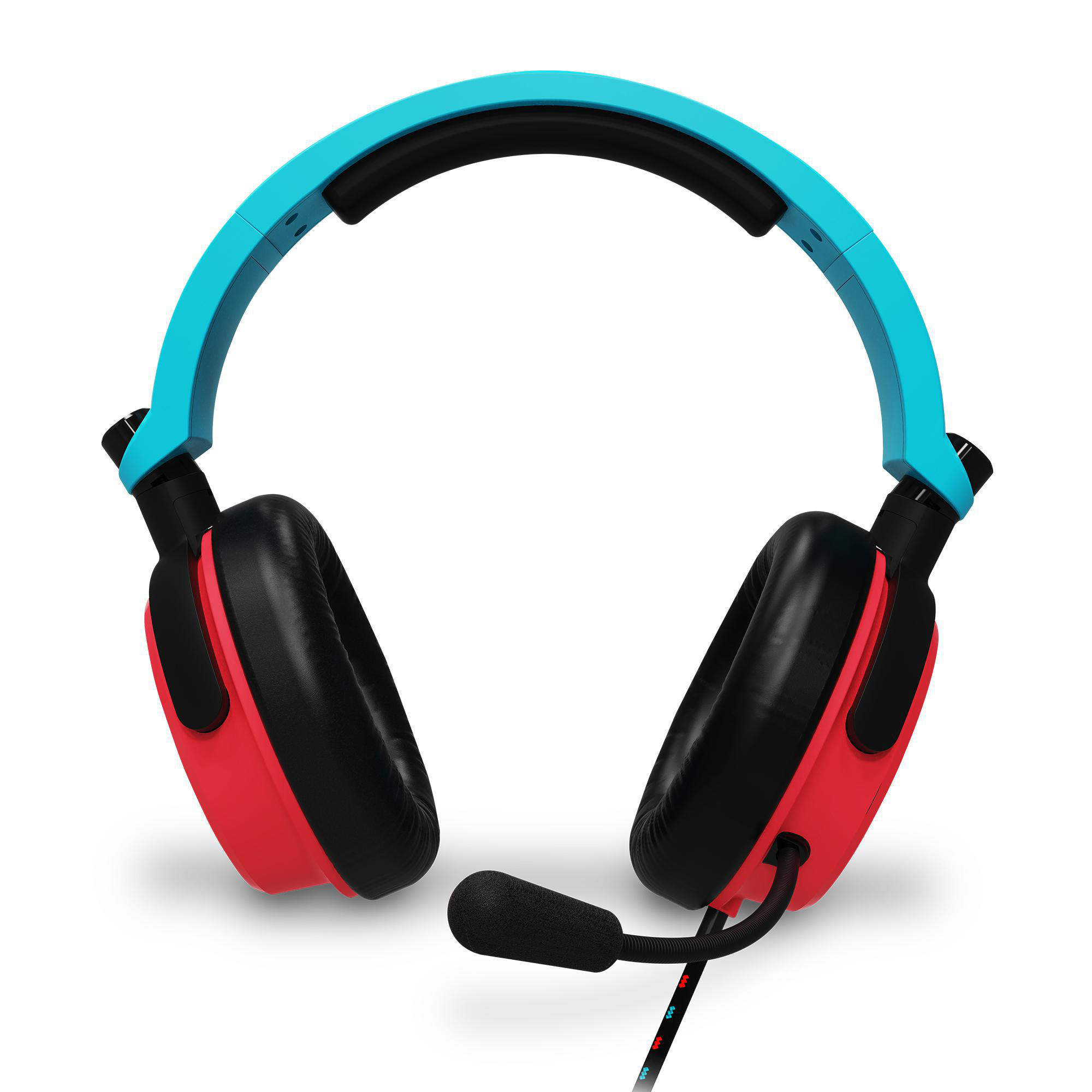 Ein Gaming-Headset in Schwarz, Rot und Blau. Das Mikrofon ist ebenfalls sichtbar.