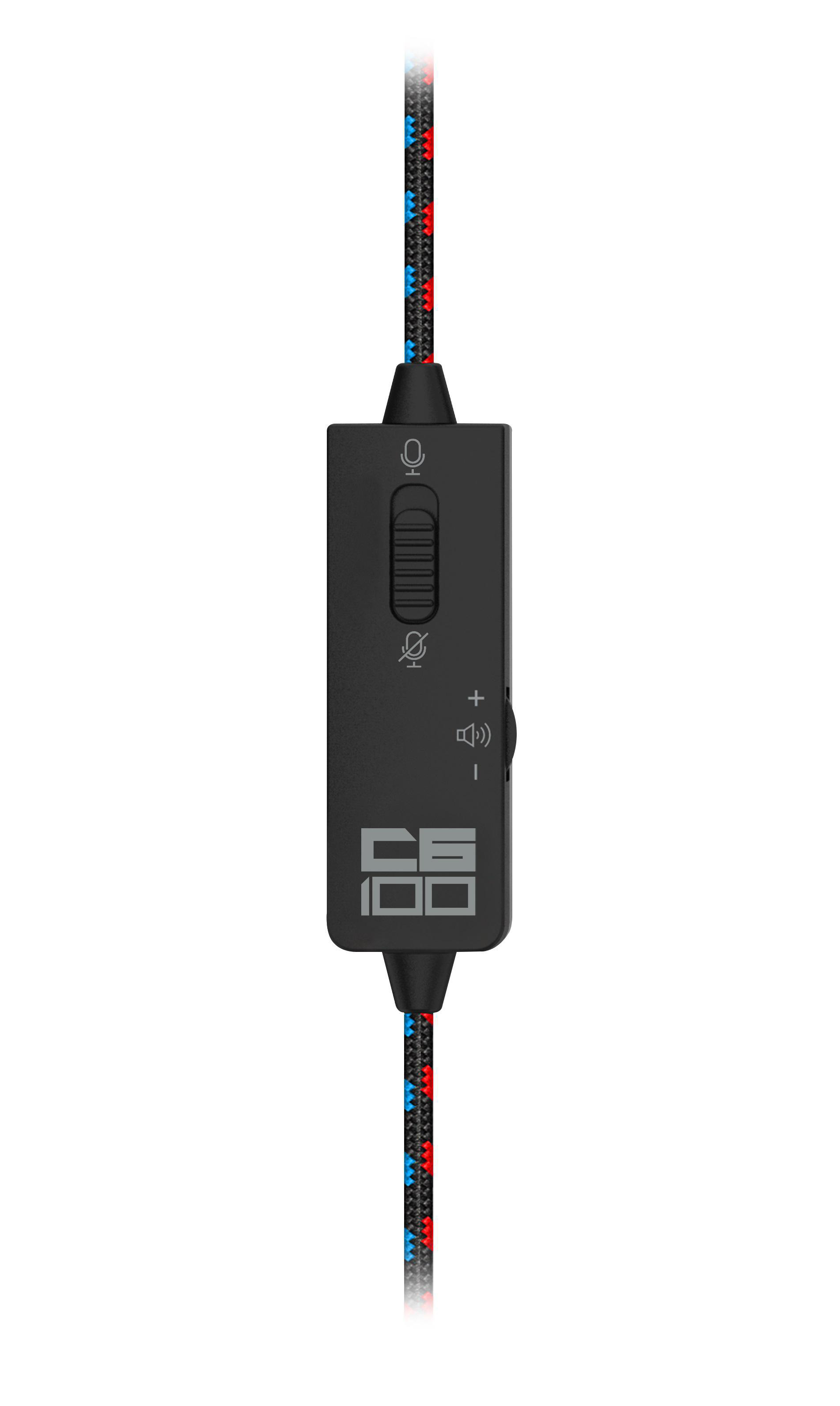 Schwarzer Audiokabel-Regler mit rot-blauem geflochtenem Kabel. Mit Mikrofon- und Lautstärkereglern, CS100-Logo.