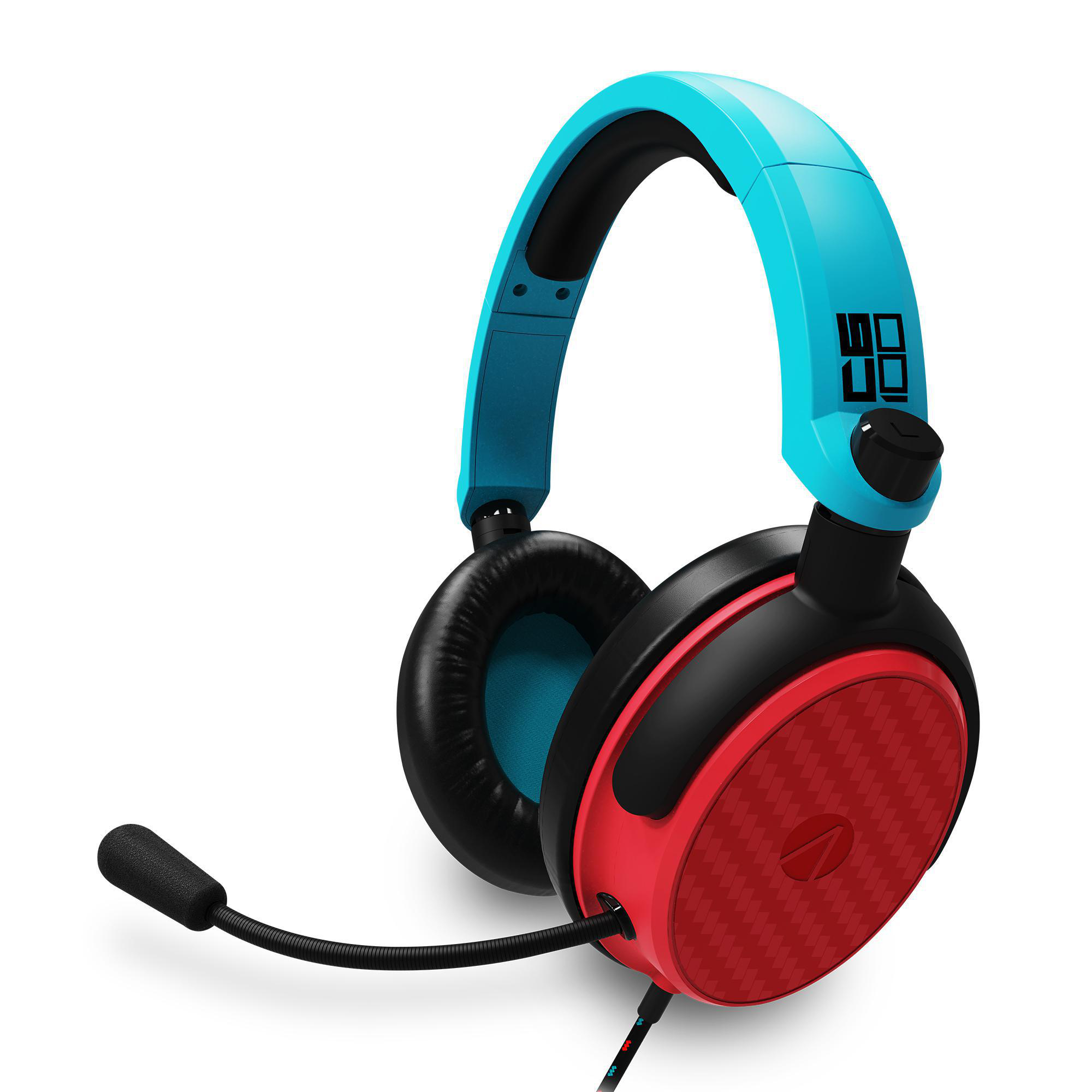 Ein blaues, rotes und schwarzes Gaming-Headset mit Mikrofon und Logo.