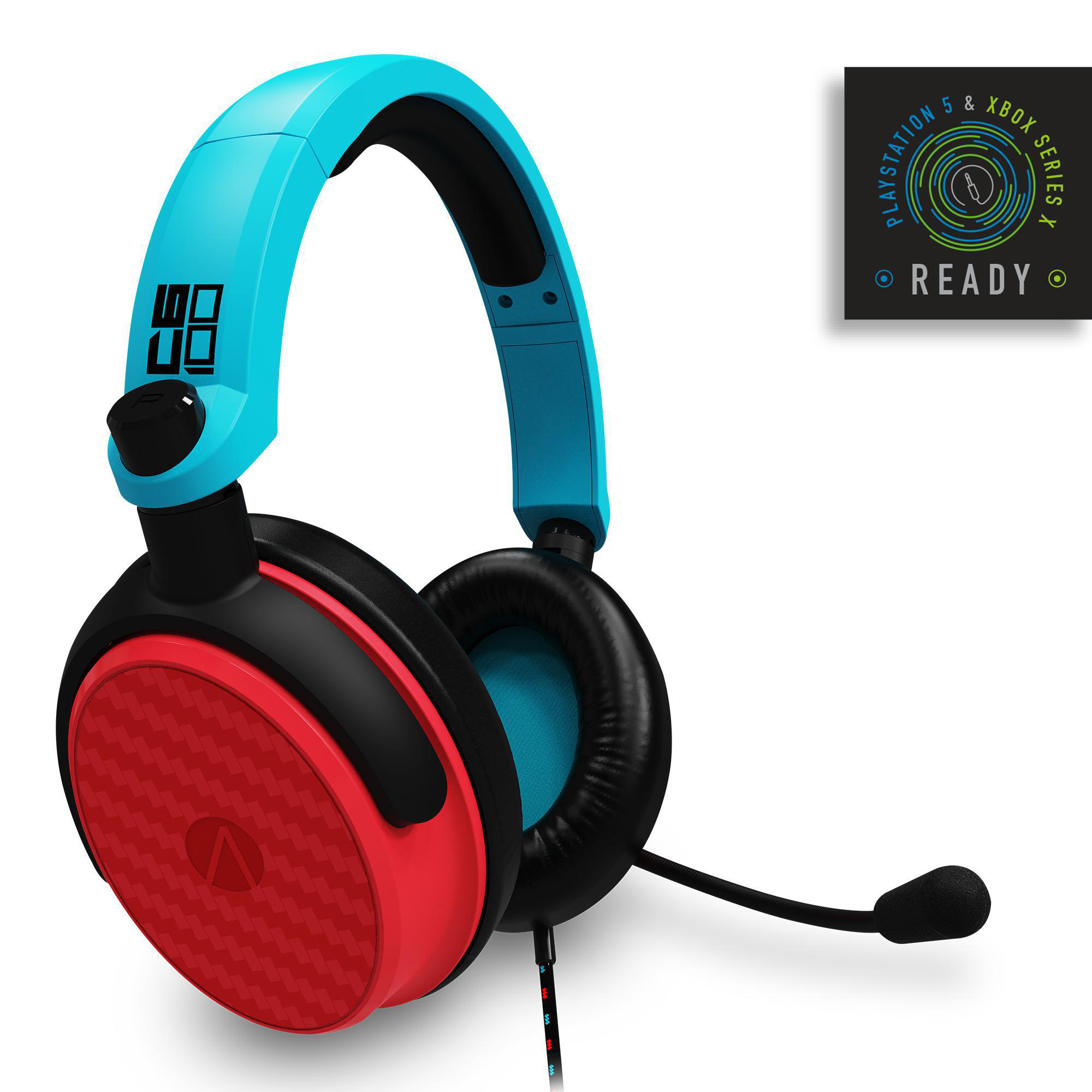 Gaming-Headset, rot und blau, mit Mikrofon und Ready-Logo auf einer Box.