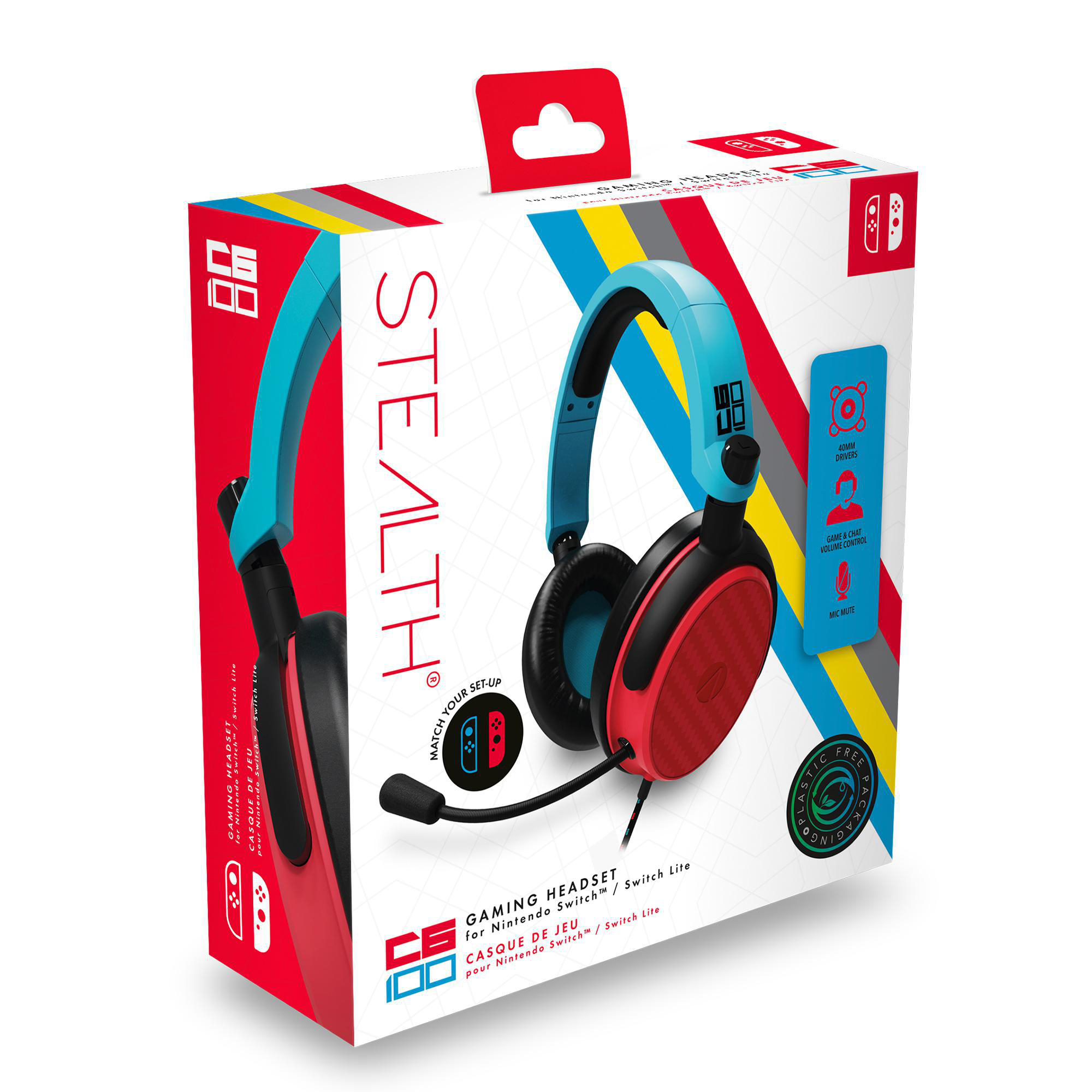 Gaming-Headset im Karton, rot und blau, mit Mikrofon und Ohrmuscheln.