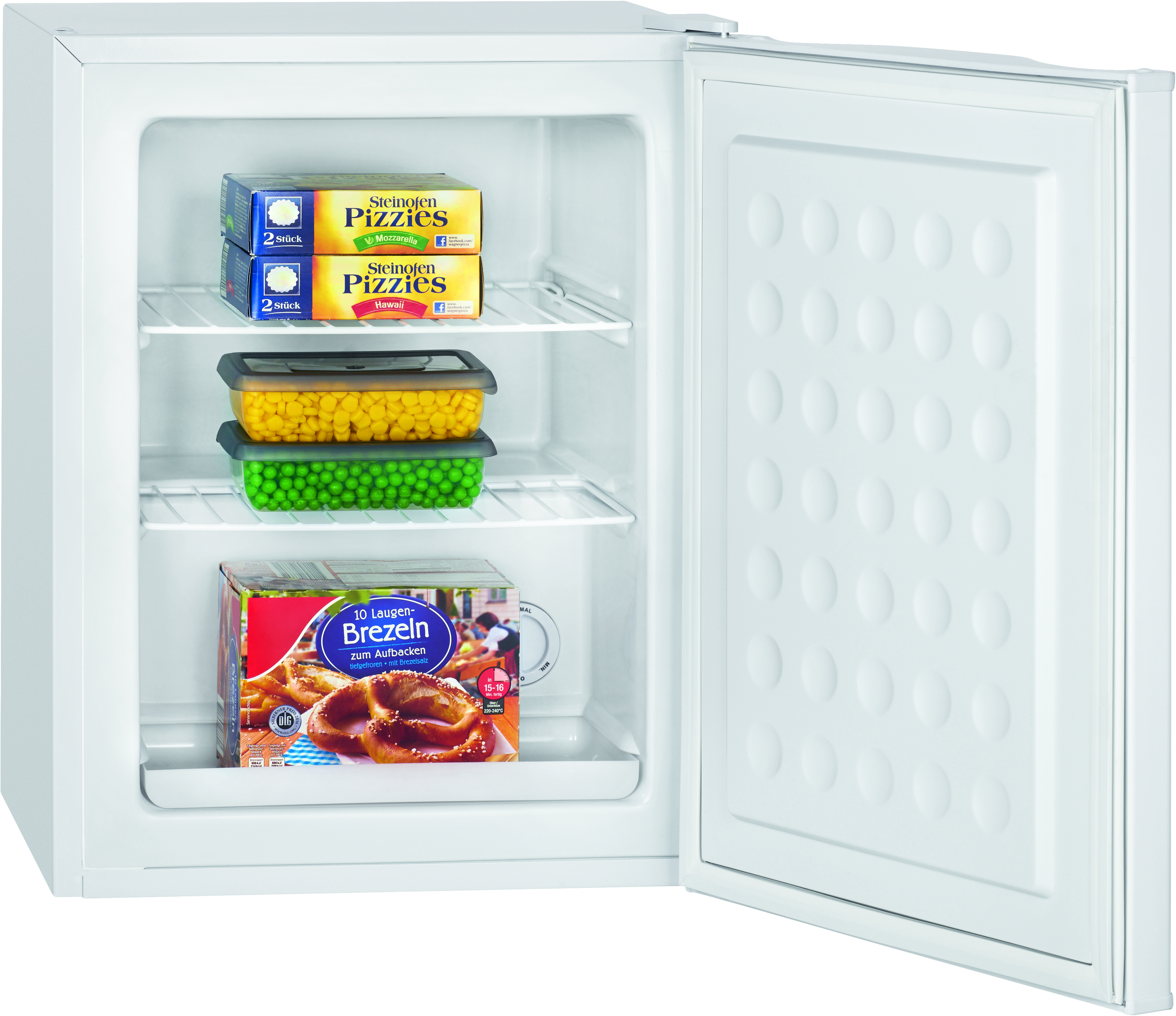 Ein offener weißer Gefrierschrank mit Pizzies, Mais, Erbsen und Brezeln.