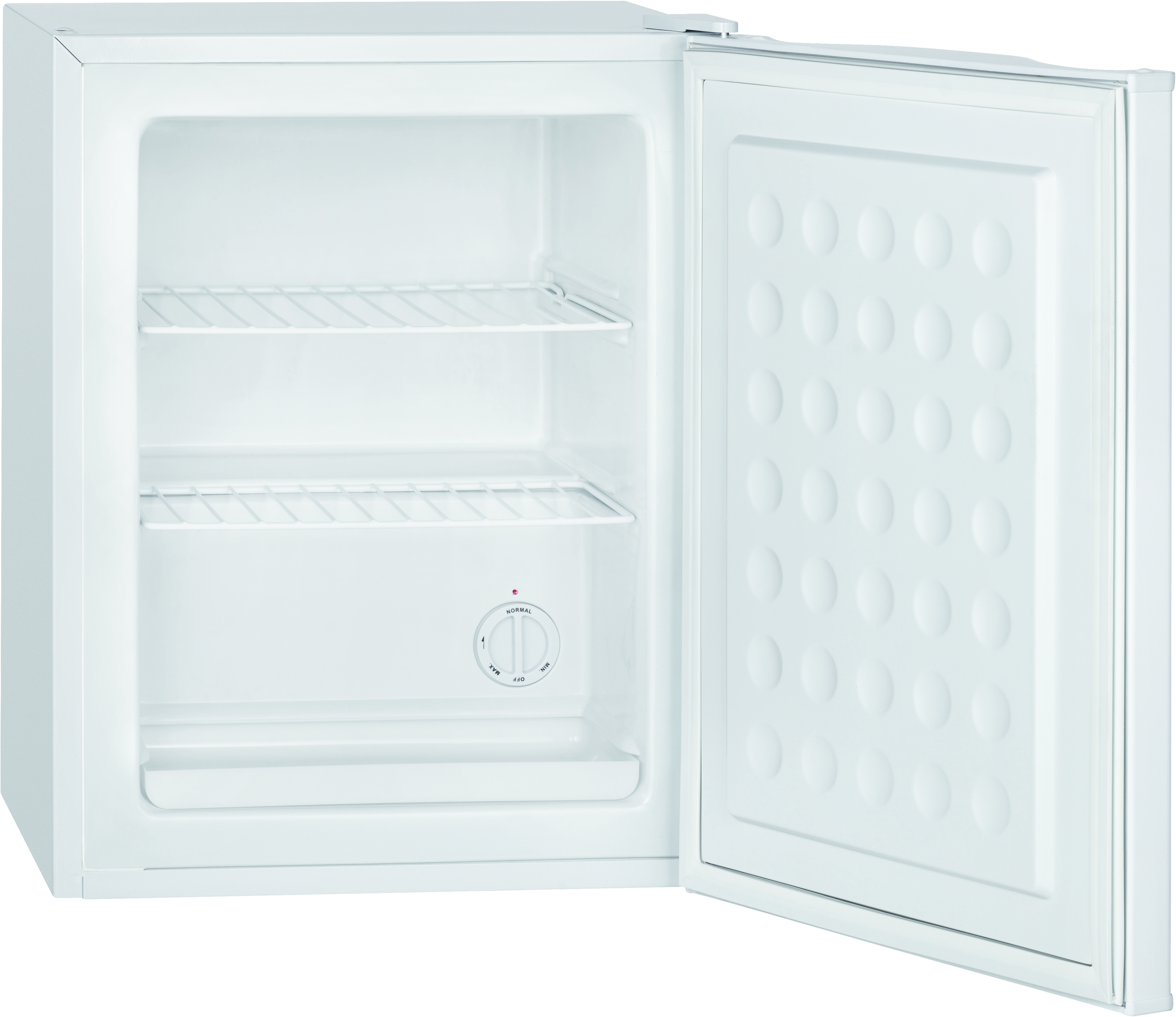 Ein weißer Kühlschrank mit offen stehender Tür, zwei Regalen und einem Temperaturregler.