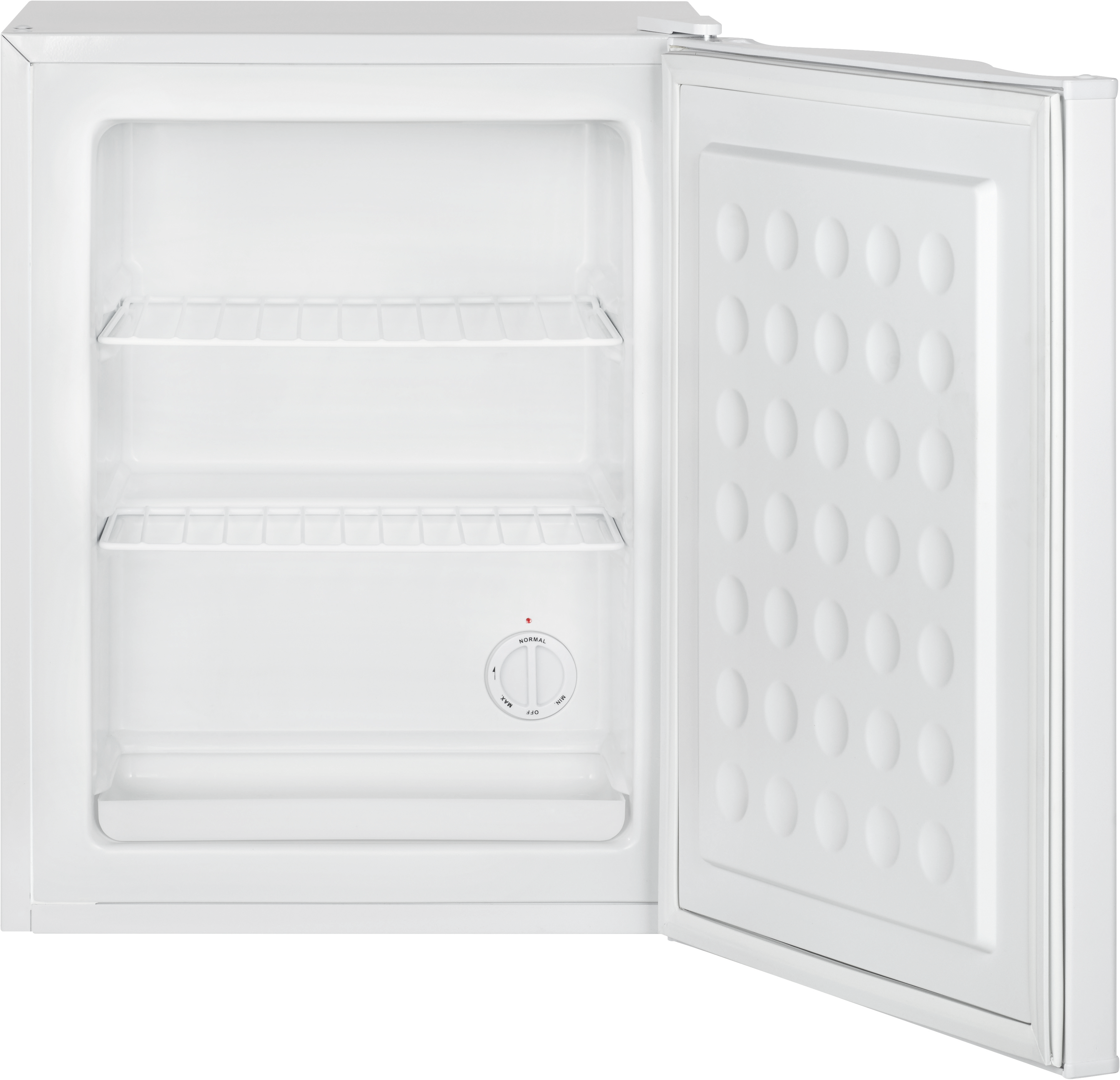 Ein leerer weißer Kühlschrank mit geöffneter Tür und zwei Regalen.
