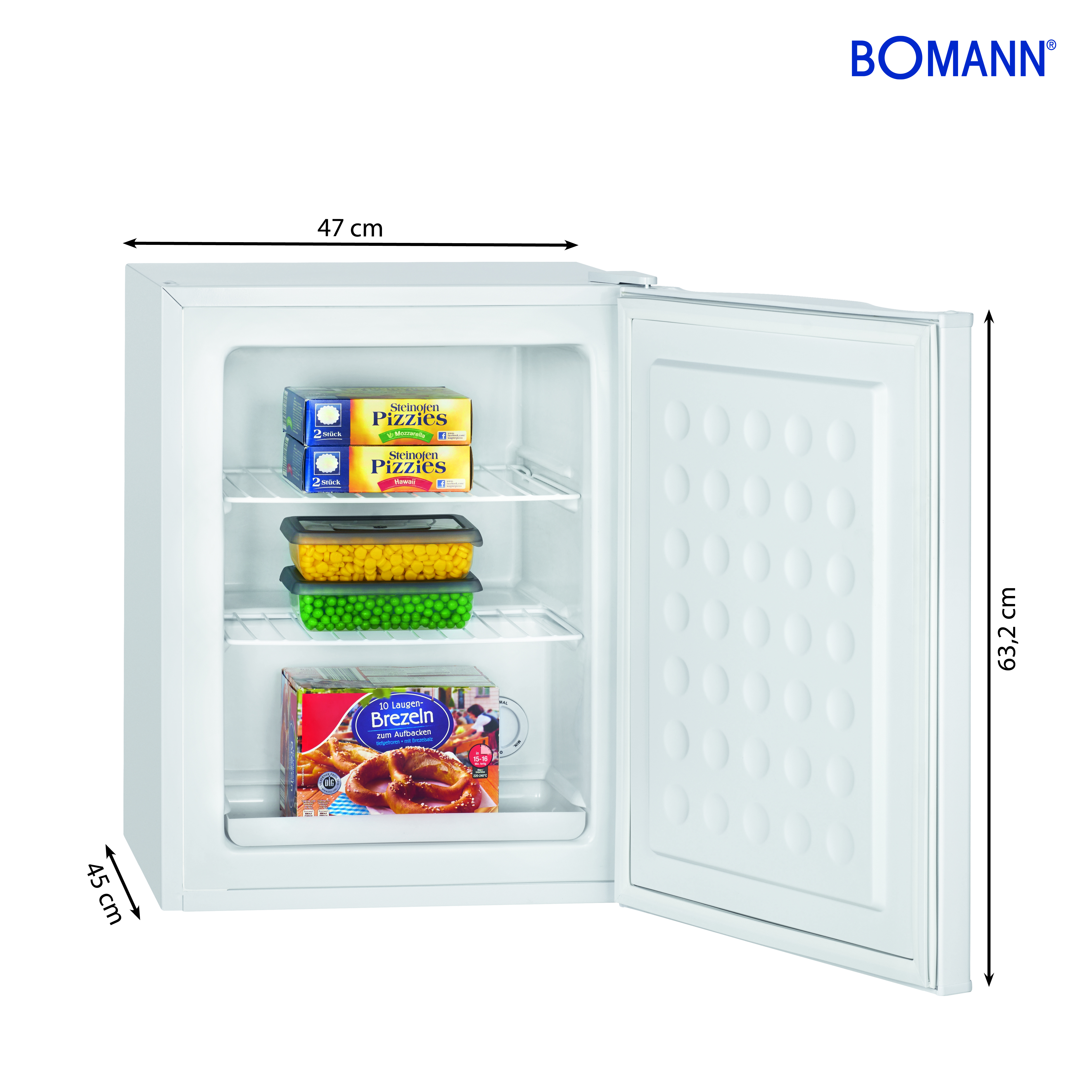 Ein weißer Bomann Kühlschrank mit offener Tür, gefüllt mit Pizzas, Erbsen und Brezeln.