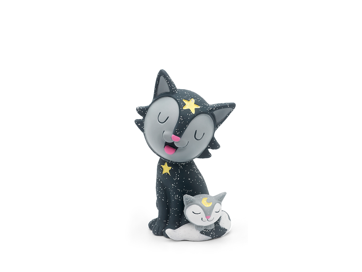 Eine schwarze Katzenfigur mit einem kleinen Kätzchen. Beide haben geschlossene Augen und Sterne.