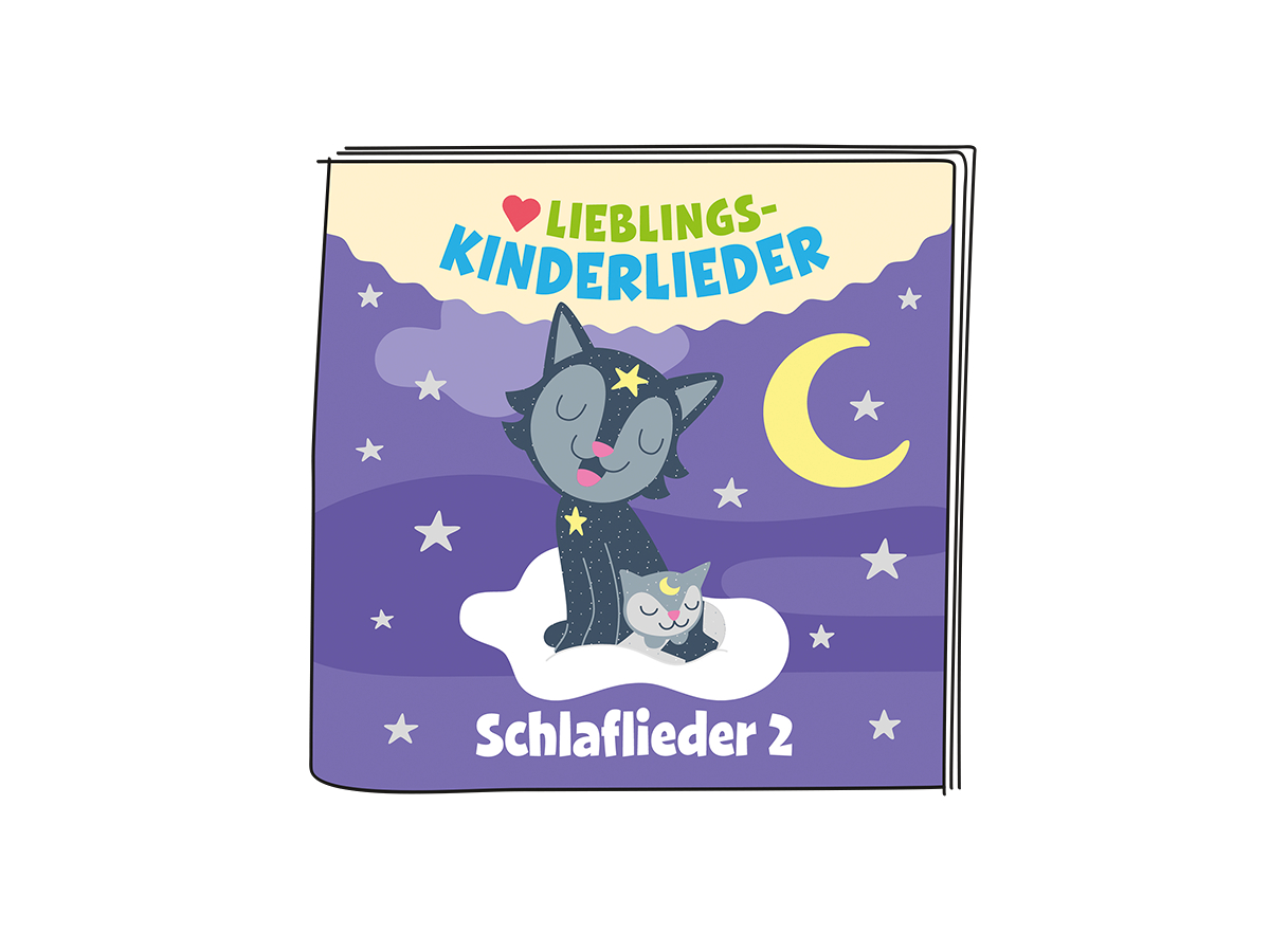 Ein Kinderbuchcover mit einer Katze auf einer Wolke und dem Titel 'Lieblingskinderlieder'.