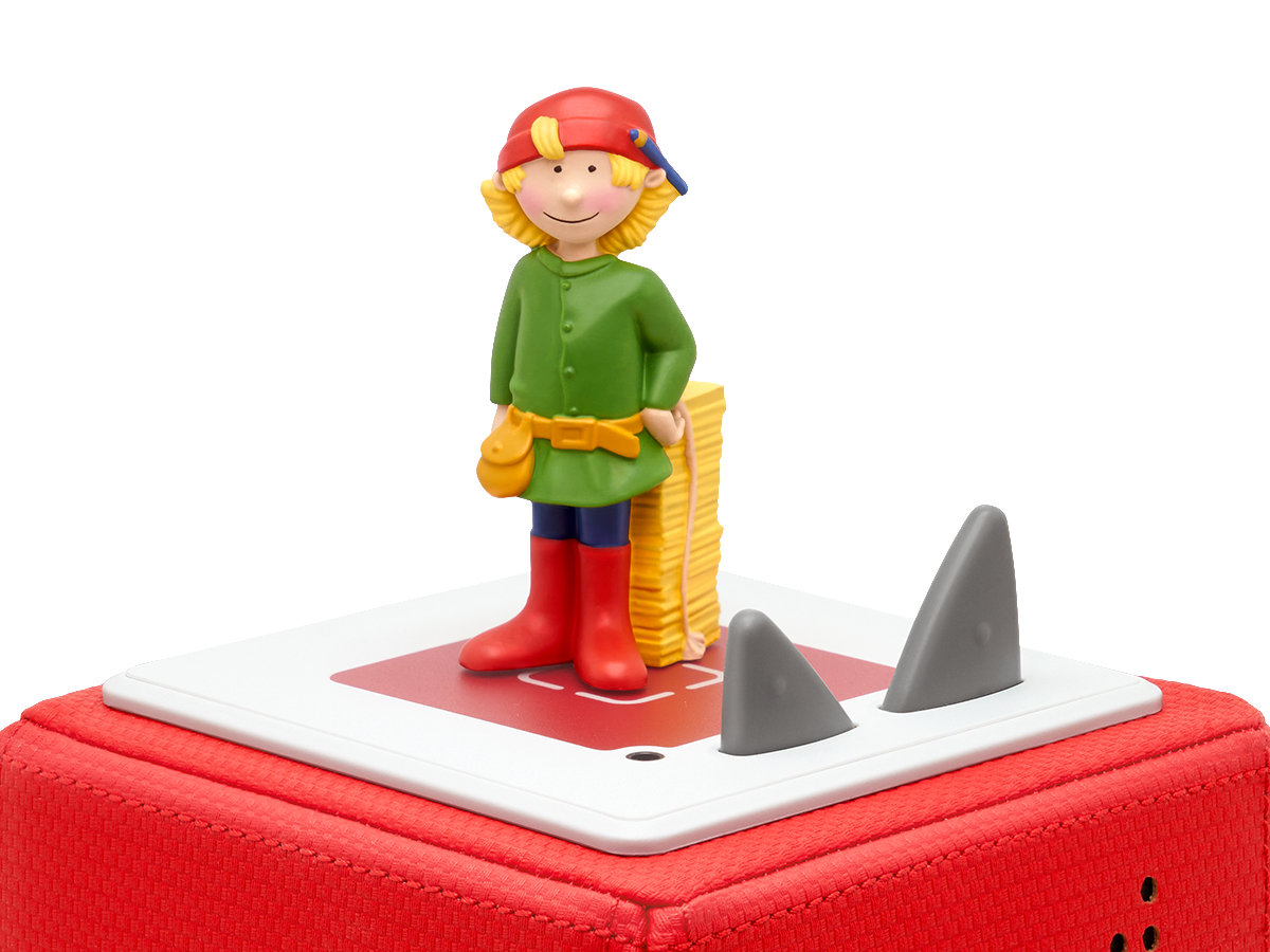 Spielfigur auf roter Basis mit Haifischflossen, neben einem Münzstapel.