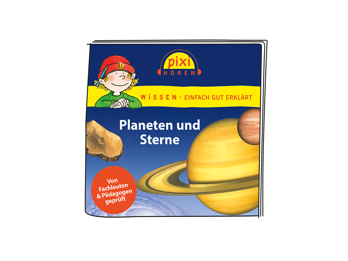 Kinderbuchcover mit dem Titel 'Planeten und Sterne' mit Illustrationen.