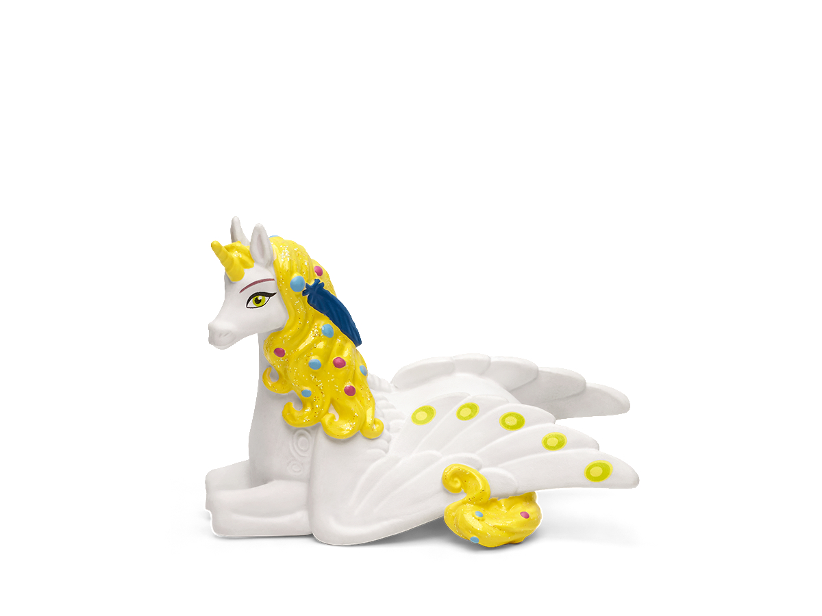 Ein weißes Spielzeug-Pegasus mit gelben Haaren, Flügeln und bunten Punkten, auf weißem Hintergrund.