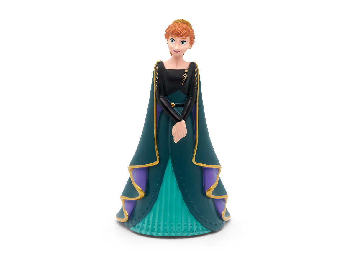 Anna-Puppe aus Frozen, trägt ein türkisfarbenes Kleid mit goldenen Akzenten und einen dunkelblauen Umhang.