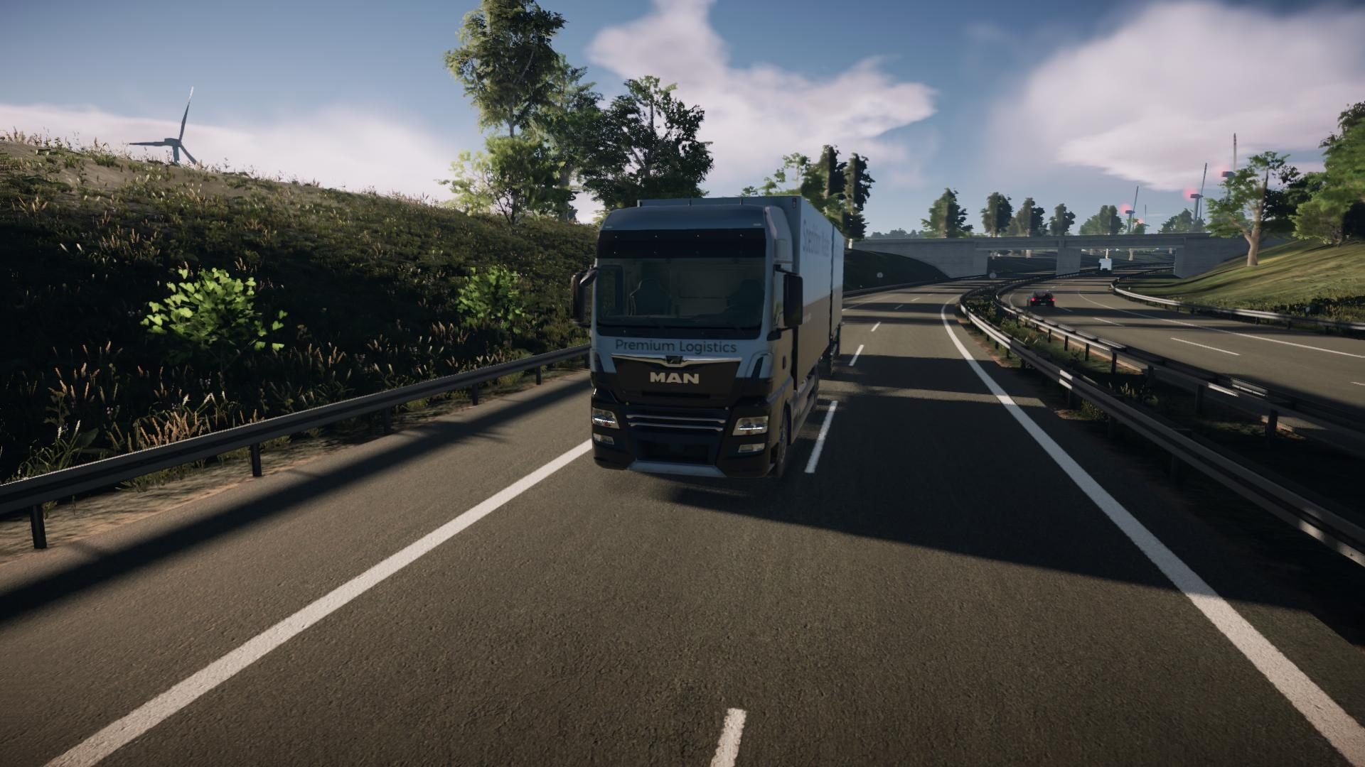 Un camion che guida in autostrada. Ha 'Premium Logistics' scritto sul lato. Il cielo è blu.