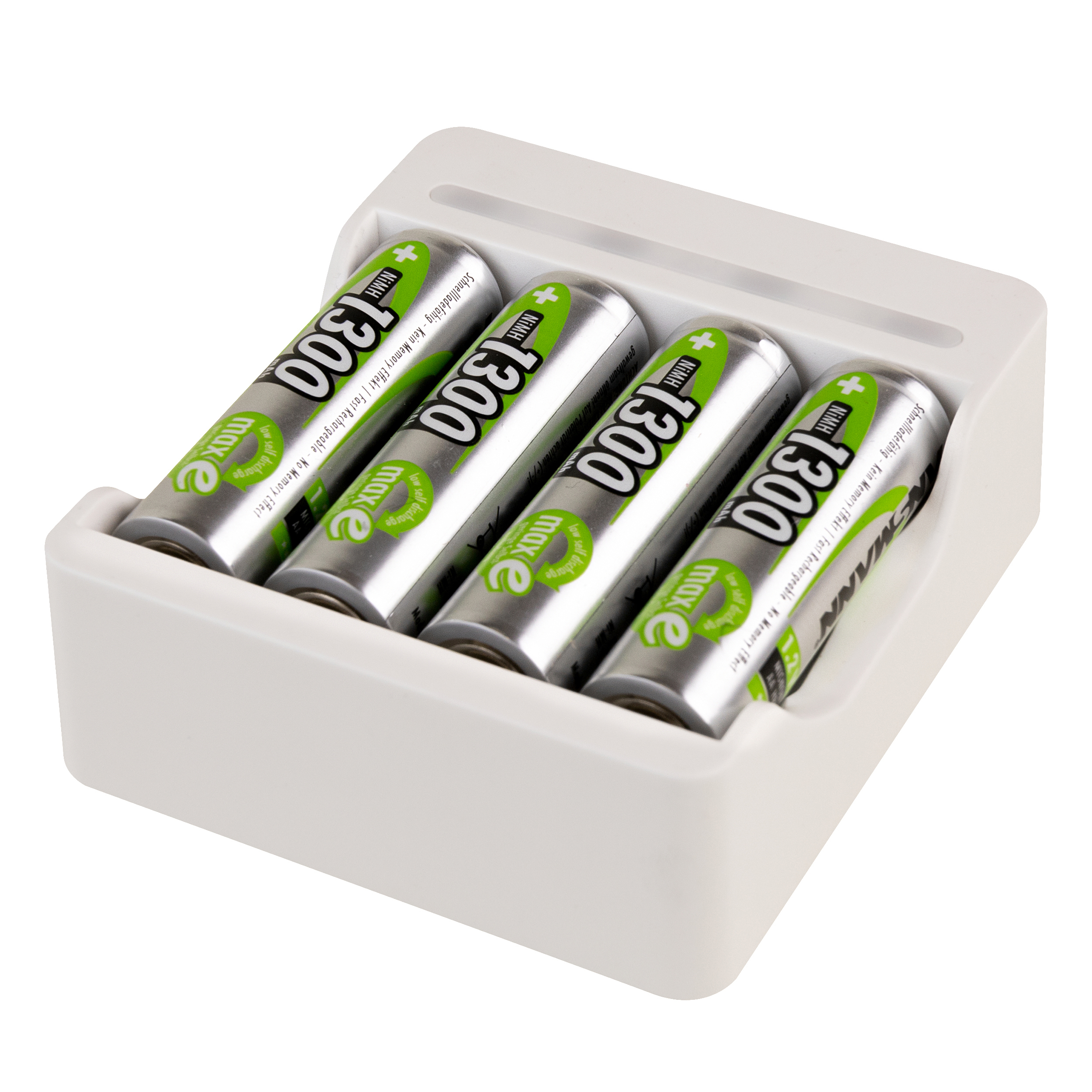 Weißes Batterieladegerät mit vier 1300 mAh Batterien darin.