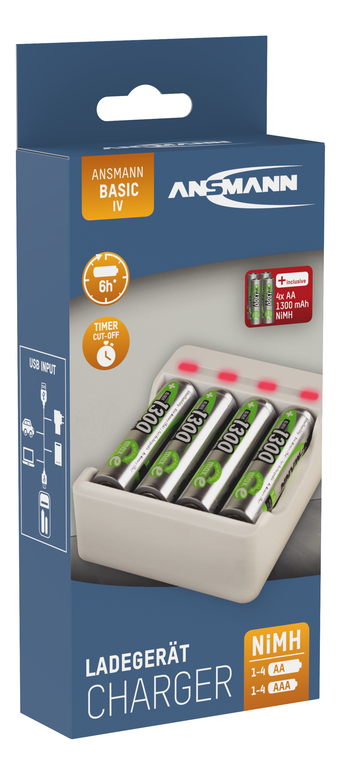 Ein Batterieladegerät mit Batterien, beschriftet mit Informationen und USB-Eingang.