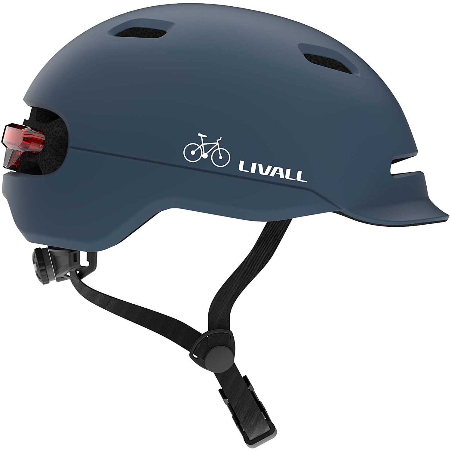 Casco de bicicleta azul con luz trasera y el logotipo de Livall.