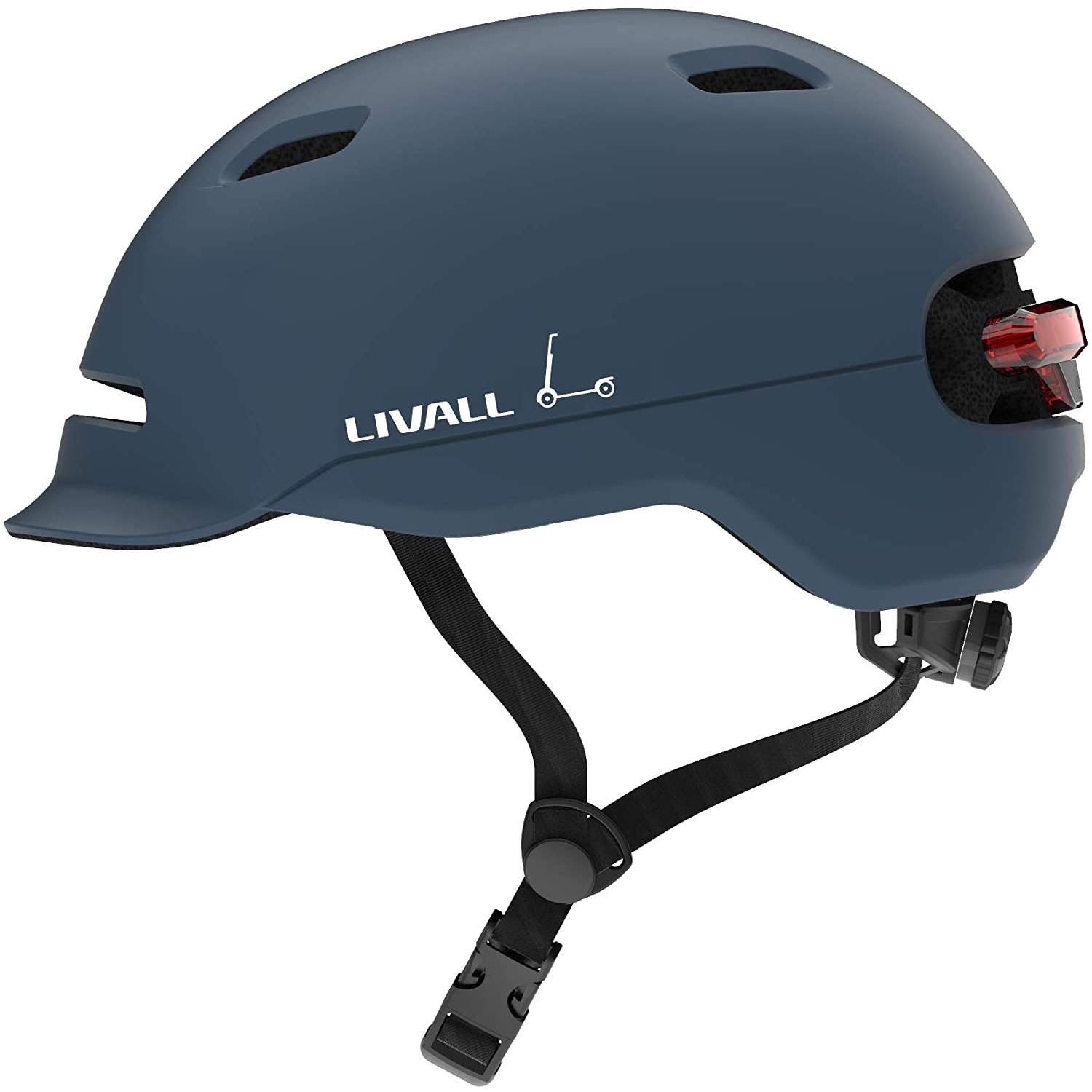 Casco Livall azul con una luz roja en la parte trasera. Logotipo blanco de Livall en el lateral y una correa negra.