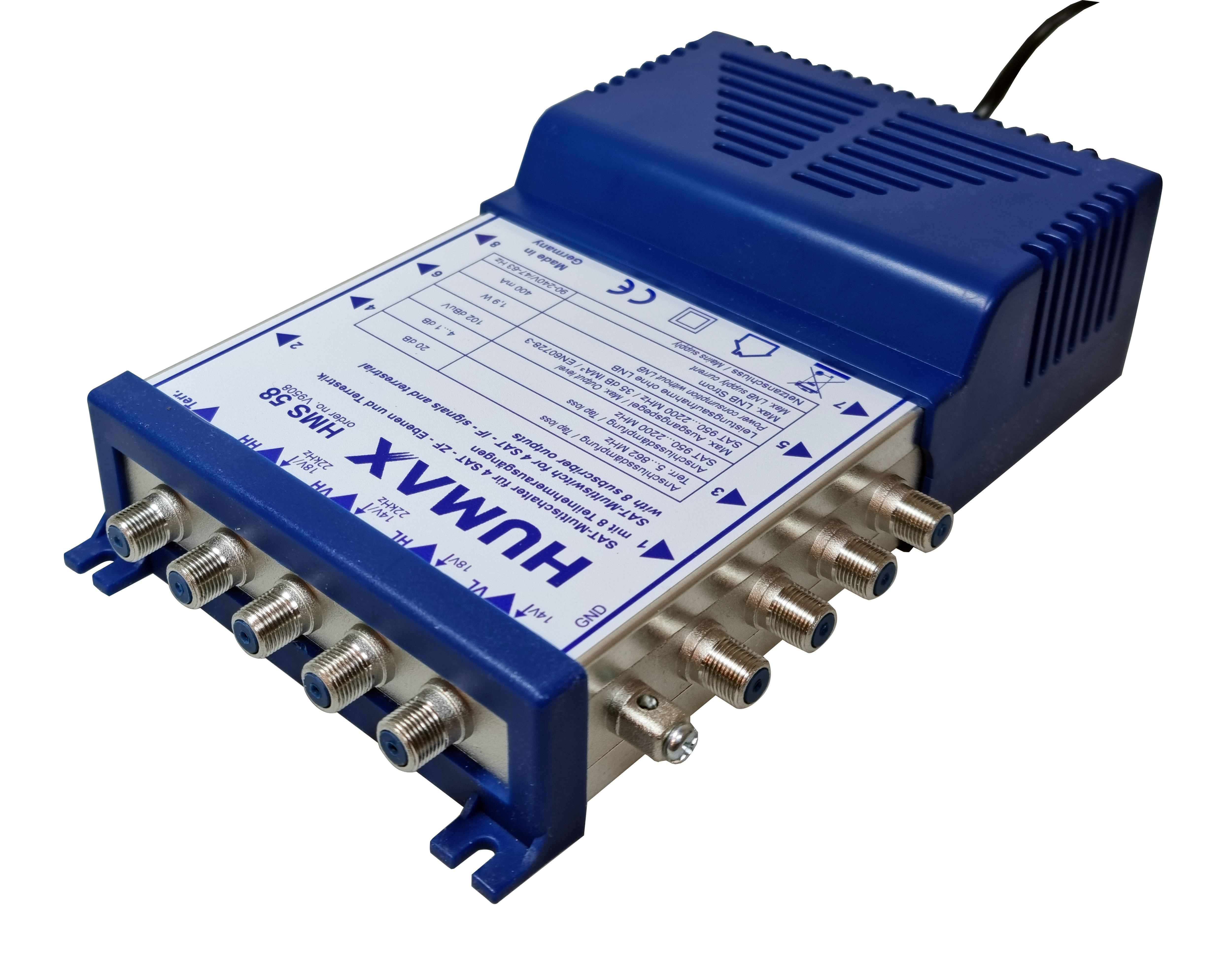 Ein blauer Humax HMS 58 Satelliten-Multischalter mit mehreren Eingangs- und Ausgangsanschlüssen.