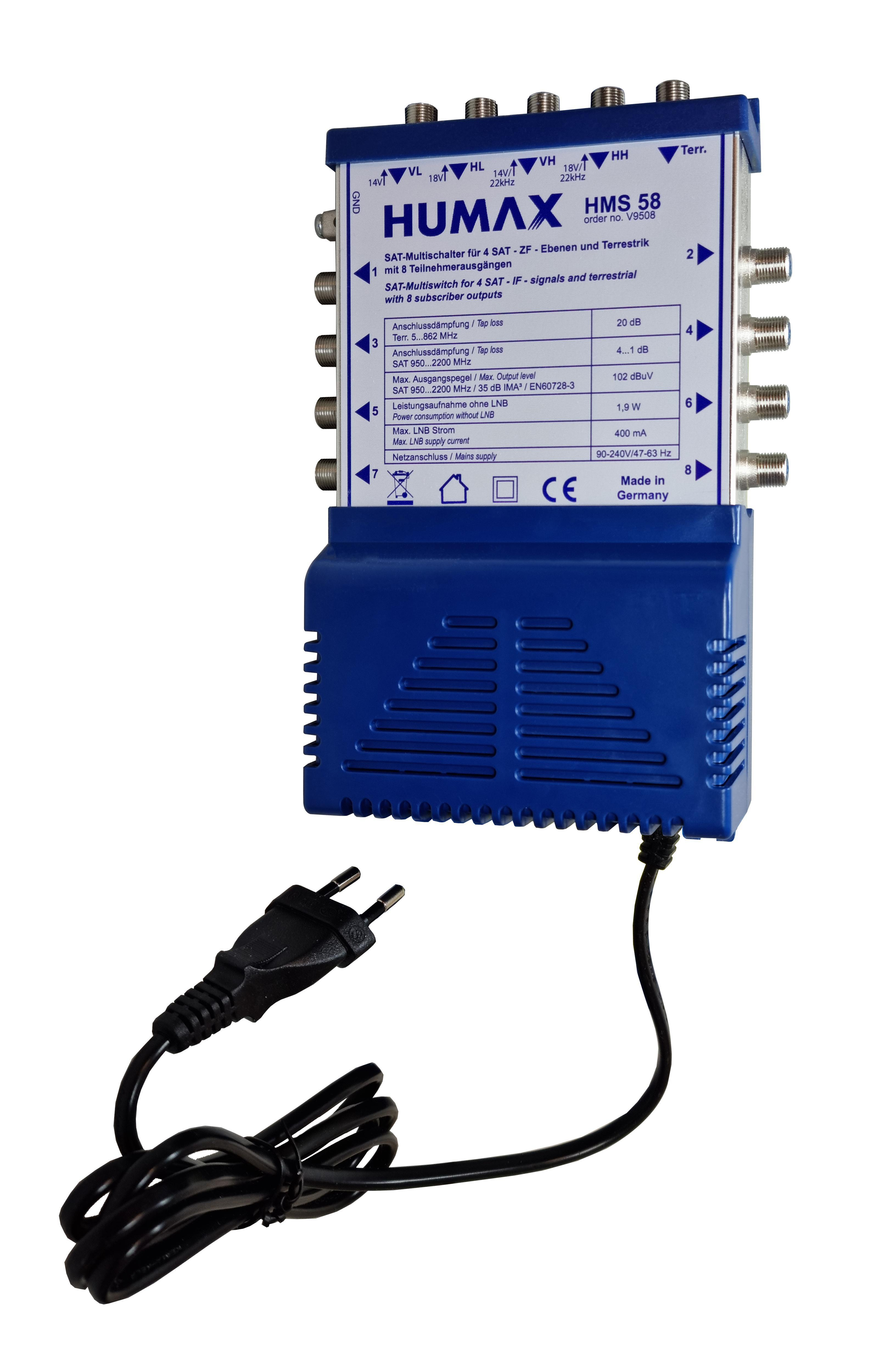 Ein blau-grauer Humax HMS 58 SAT-Multischalter mit Anschlussports und Netzkabel.