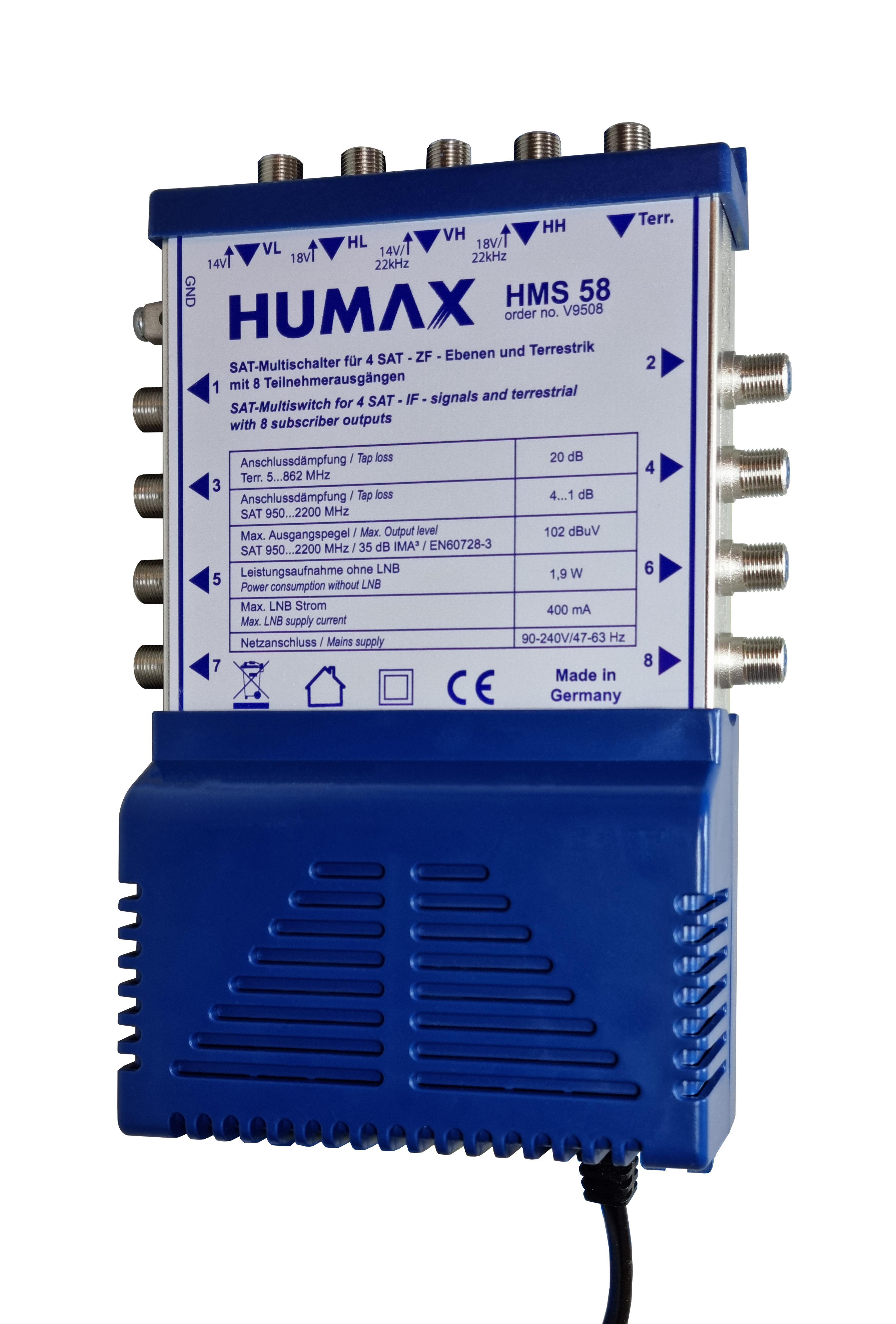 Humax HMS 58 Multiswitch. Es hat verschiedene Ein- und Ausgänge, mit Text und einem blauen Boden.